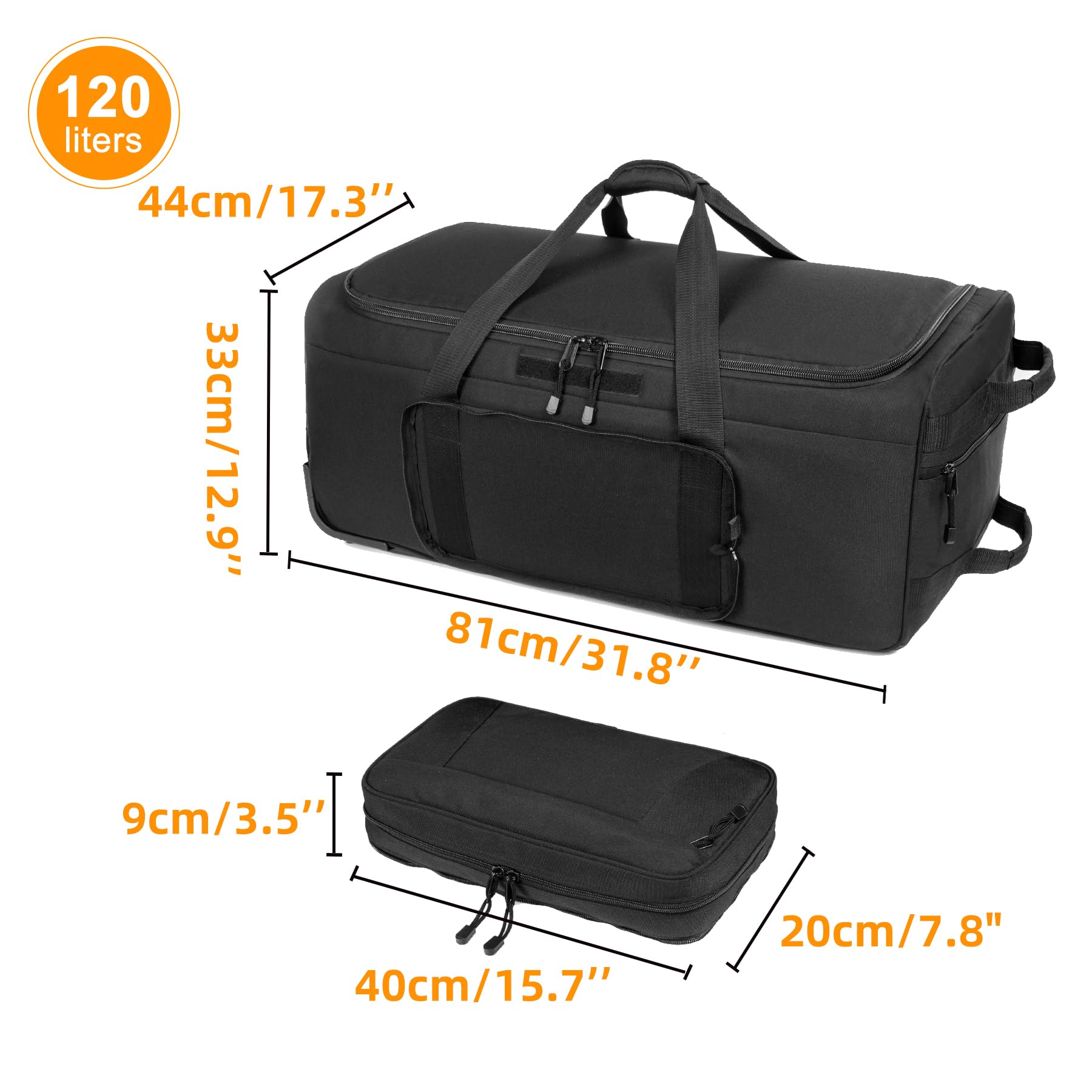 120L Tactical Duffle Bag with Wheels - Large Rolling Military Gear Bag with Handle for Travel, Camping & Outdoor Adventures (Black)