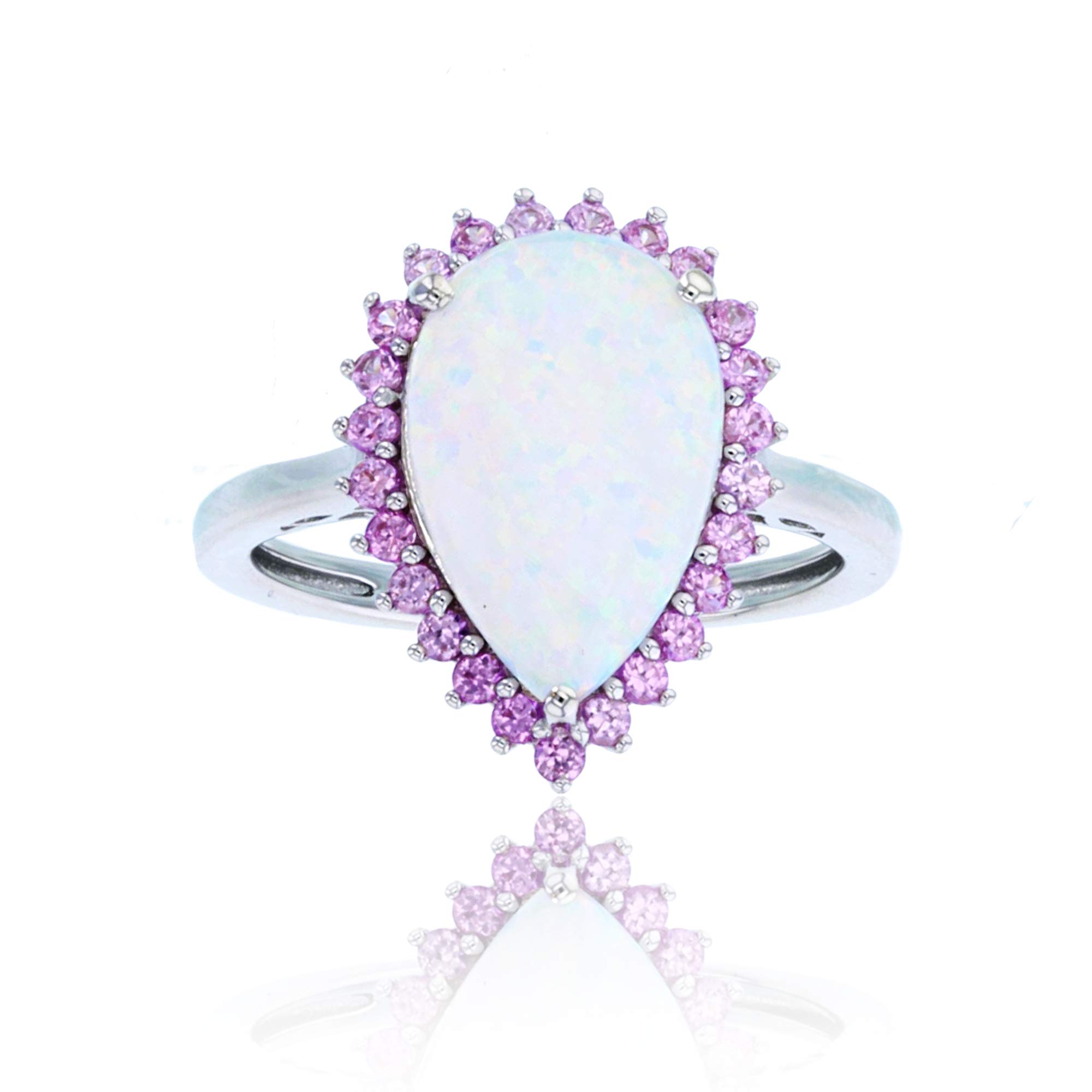 14x9mm Pear Shape Sterling Silver Rhodium Ring with Created Opal & Pink Sapphire Halo - Elegant Jewelry for Weddings, Anniversaries, and Special Occasions