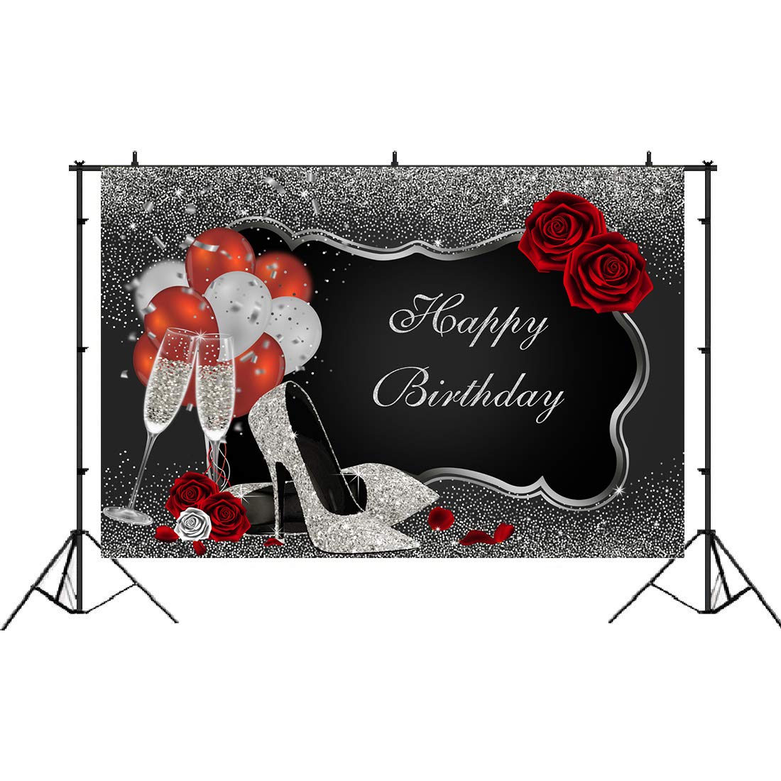 Silver & Black Glitter Sequin Photography Backdrop - Happy Birthday Party Decor with High Heels, Champagne Glasses & Rose Balloons - 5x3ft Photo Booth Background for Women's Adult Parties, Milestone Celebrations & Birthday Photo Shoots