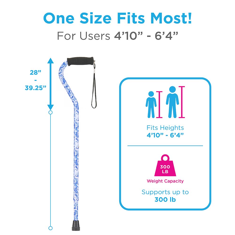 Premium NOVA Designer Walking Cane - Adjustable Lightweight Offset Handle with Carrying Strap, Blue Porcelain Pattern - Ideal for Seniors, Hiking & Mobility Support