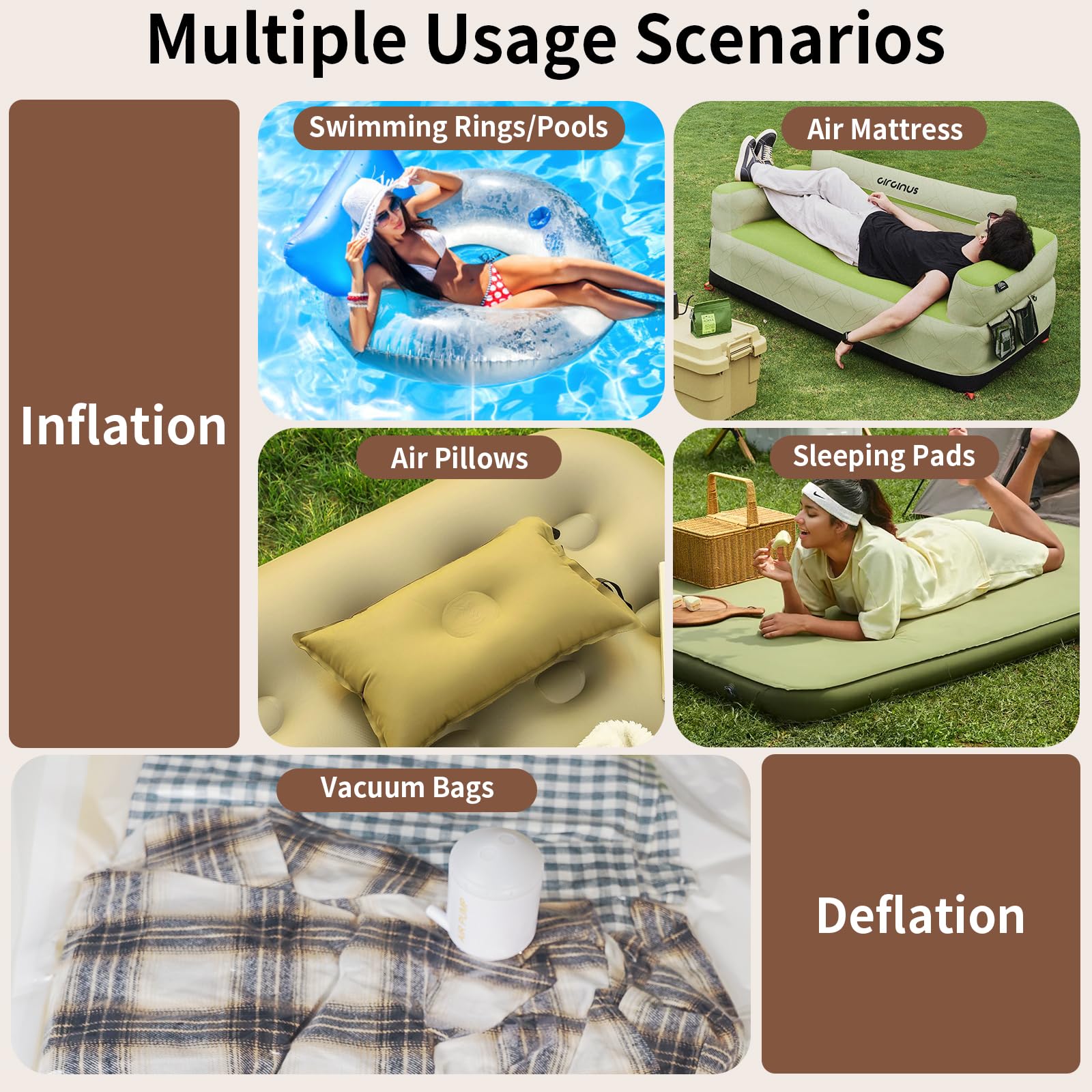 Portable Mini Air Pump for Inflatables - Rechargeable Electric Pump for Air Mattress, Pool Floats, Sleeping Pads, Vacuum Bags | Compact Camping Gear with Built-in Light for Outdoor, Travel & Home Use