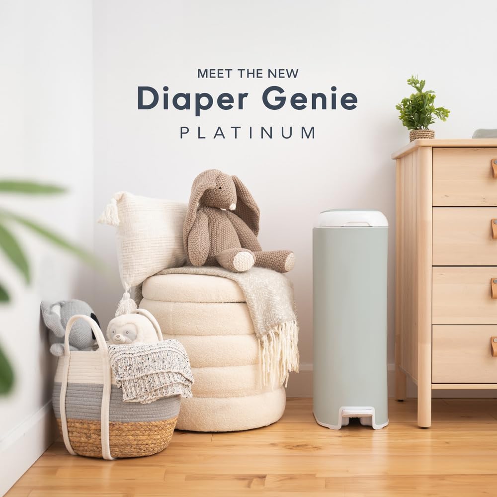 Diaper Genie Platinum Diaper Pail - Stainless Steel Baby Diaper Disposal System with Odor Control, Includes 1 Easy Roll Refill (18 Bags), Sage Green - Perfect for Nursery, Baby Room & Daycare Centers