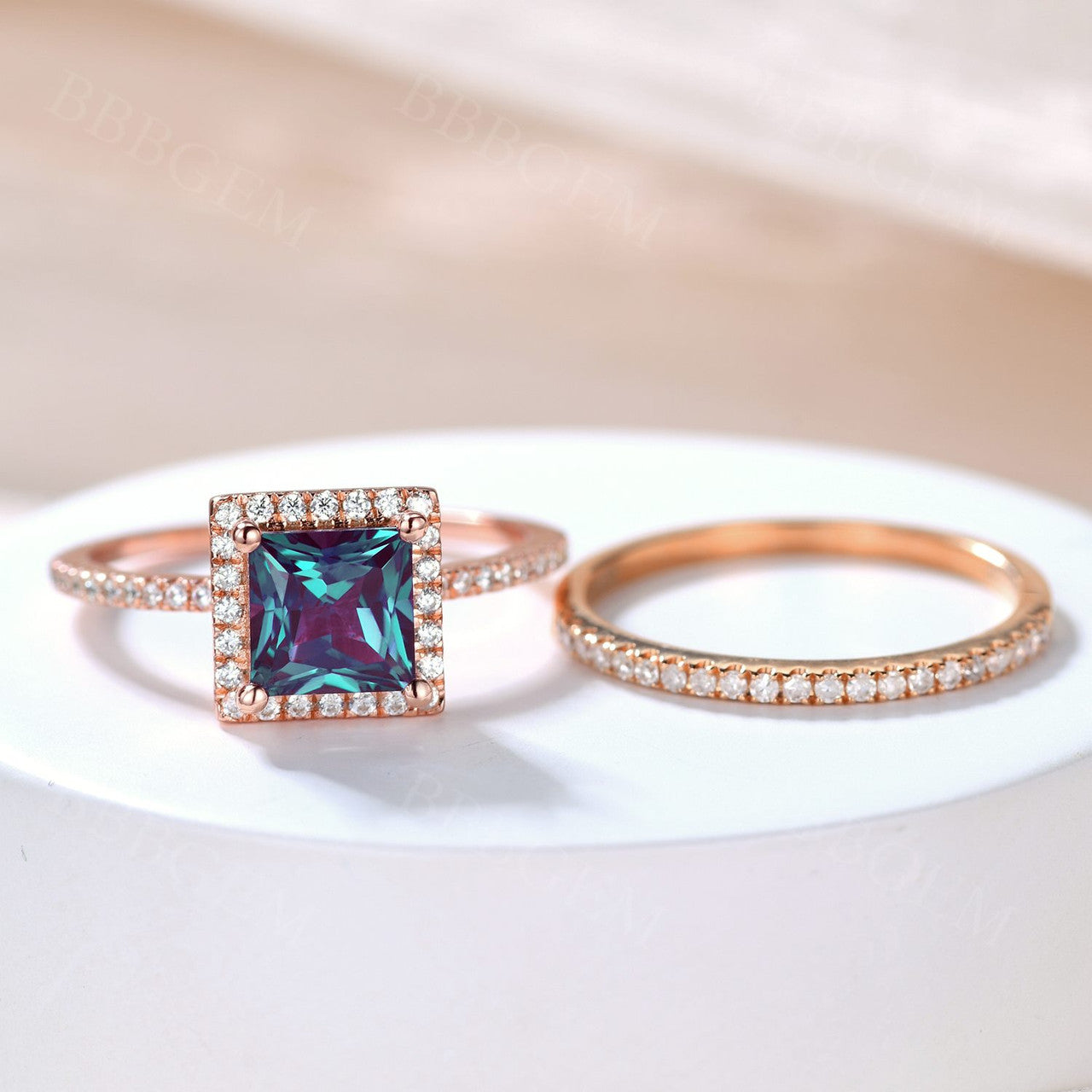 2pcs Alexandrite Bridal Ring Set - 6mm Princess Cut Natural Alexandrite & Diamond Engagement Rings in 14K Rose Gold - Perfect for Weddings, Anniversaries & Proposal Gifts