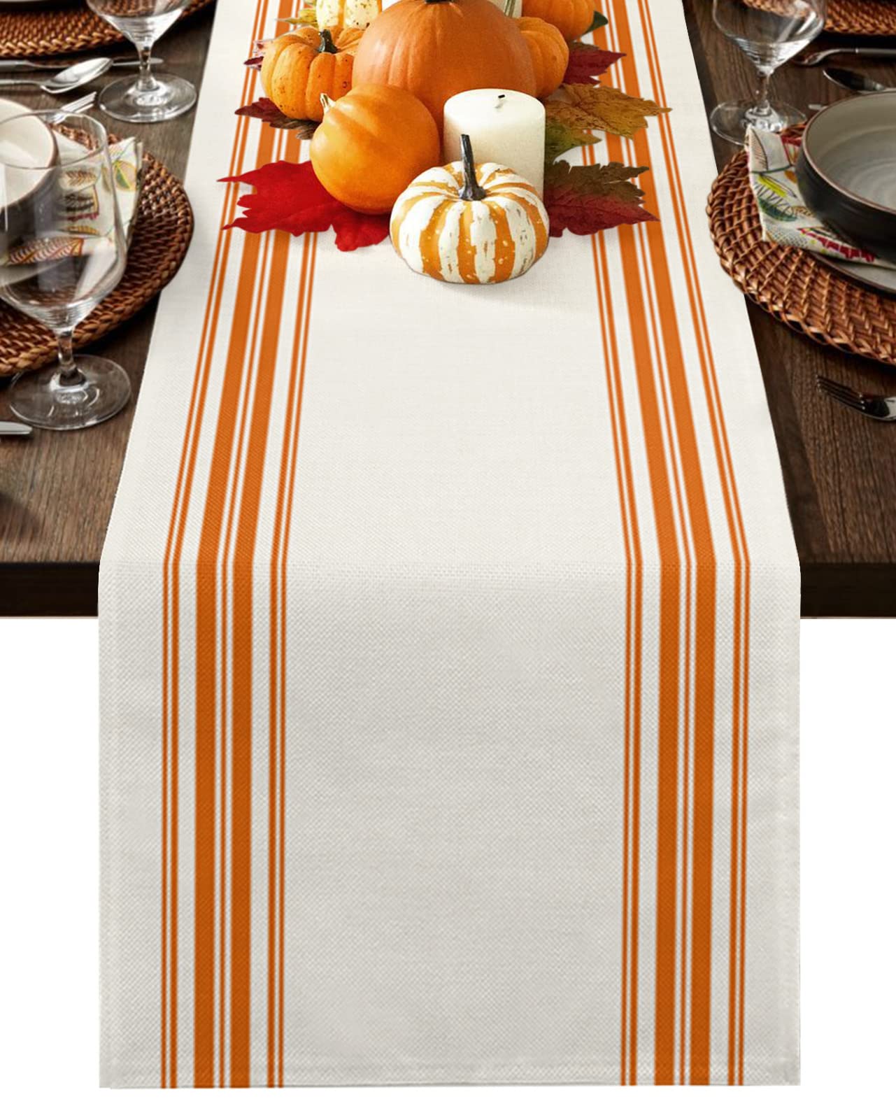 120-inch Cotton Linen Table Runner - Thanksgiving Stripes Orange Burlap Tablecloth for Farmhouse Dining, Coffee Table, Holiday Parties & Weddings | Machine Washable Rustic Decor | Perfect for Autumn Gatherings, Dinner Parties & Seasonal Home Decor