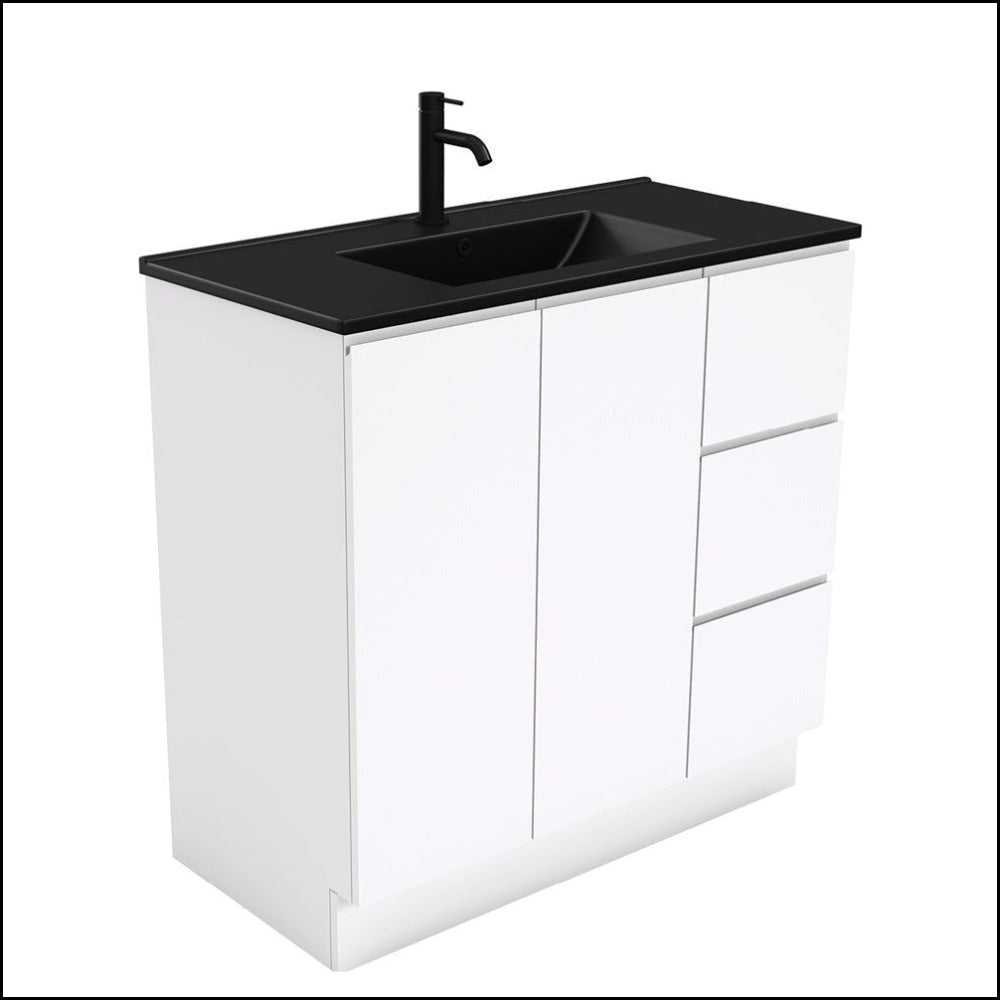 Fienza 900mm TCLB90CR Dolce Matte Black Fingerpull Gloss White Bathroom Vanity with Kickboard - Right Side Drawers for Modern Home Decor | Perfect for Small Bathrooms & Powder Rooms