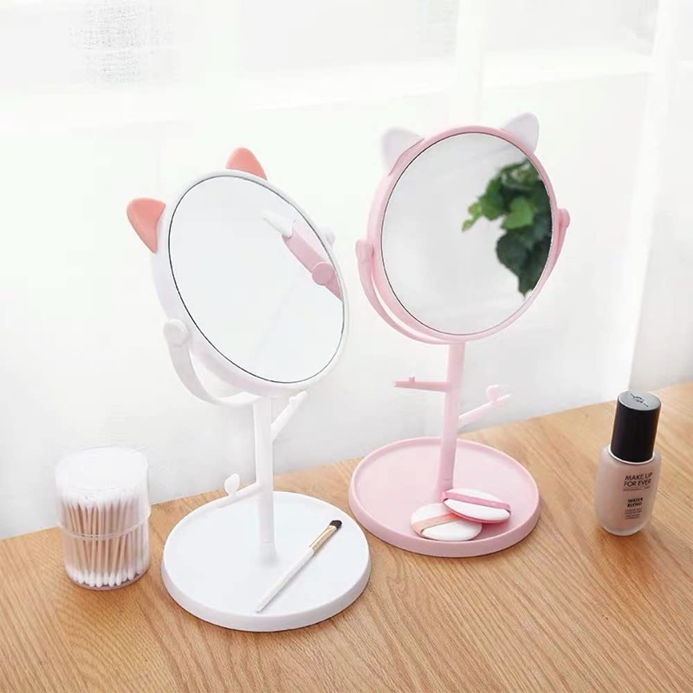 Cute Cat Ear Shaped Rotating Vanity Mirror - Portable Desktop Makeup Mirror with Stand for Women, Mintcream White | Perfect for Home, Bathroom & Travel Cosmetic Organizer