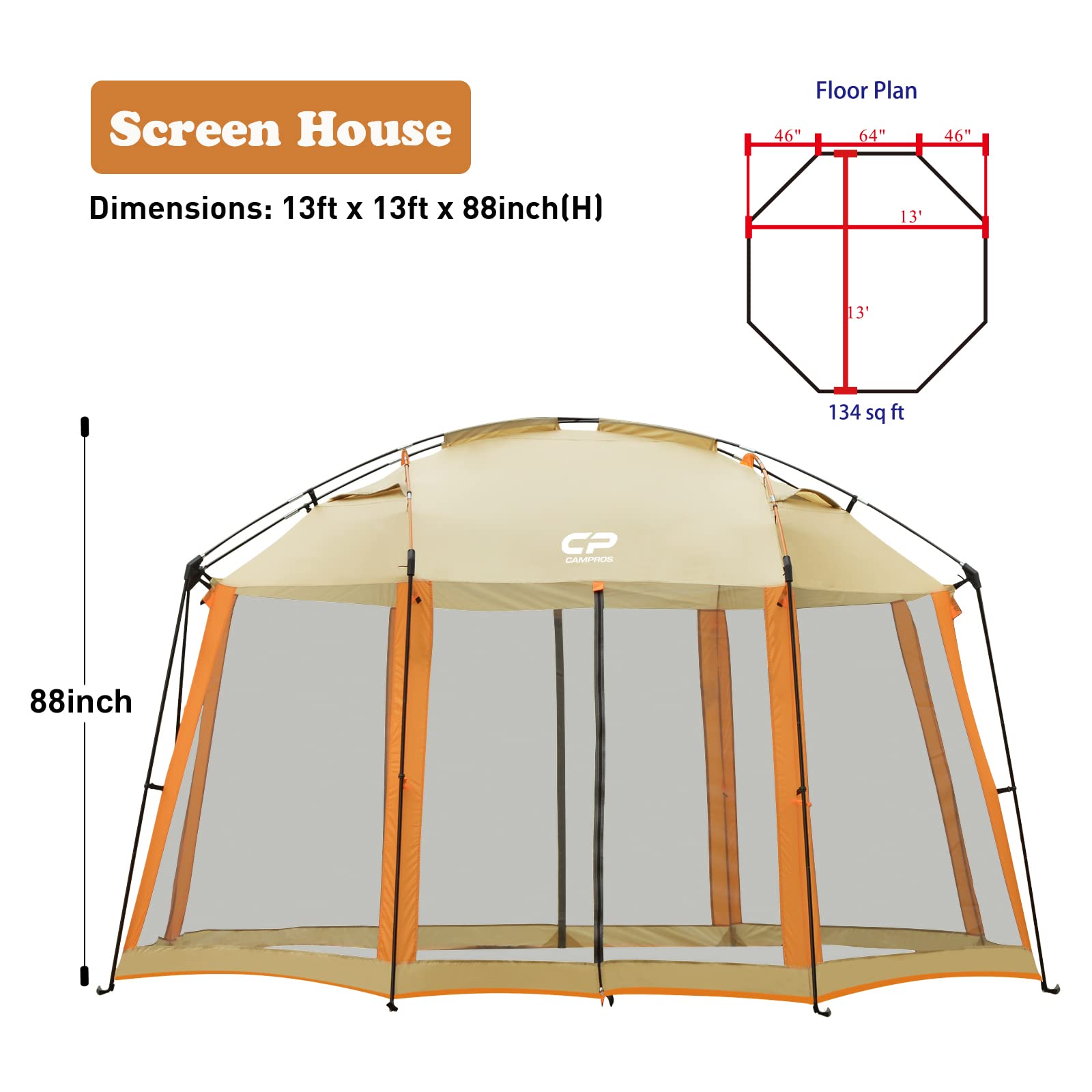 Campros CP 13x13 Ft Screen House Tent - Mesh Net Wall Canopy Shelter for Camping, Patios & Outdoor Activities | Perfect for Backyard BBQs, Picnics & Bug-Free Relaxation