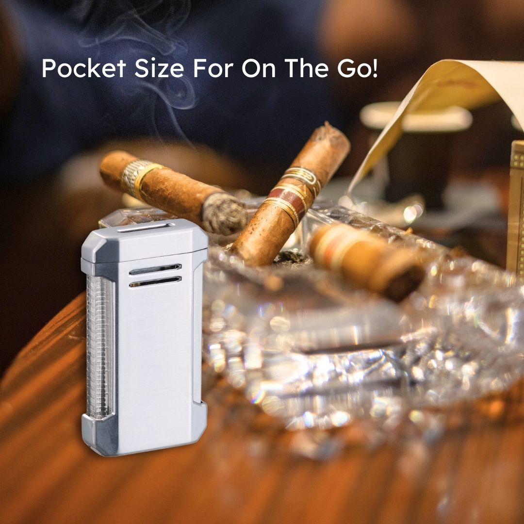 Visol Vinson Refillable Butane Torch Lighter with Flat Flame & Built-in Cigar Punch - Silver | Perfect for Cigars, Candles, Camping & Outdoor Use