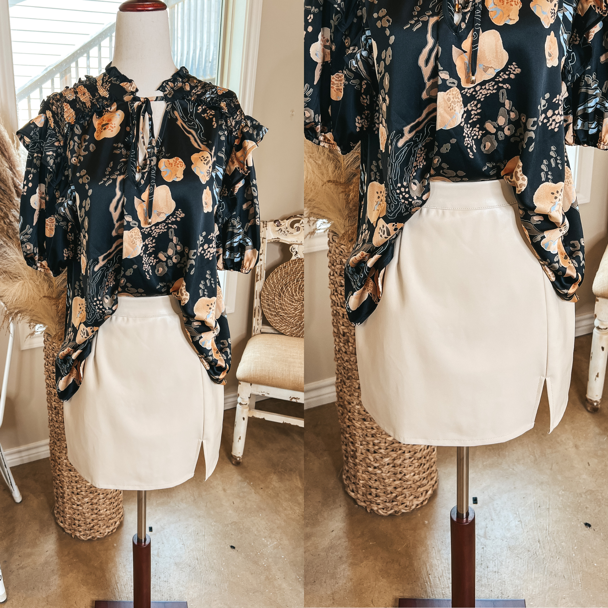 Cream Faux Leather Mini Skirt with Side Slit - Women's High Waist Stretch Pleather Skirt for Party, Club, and Night Out