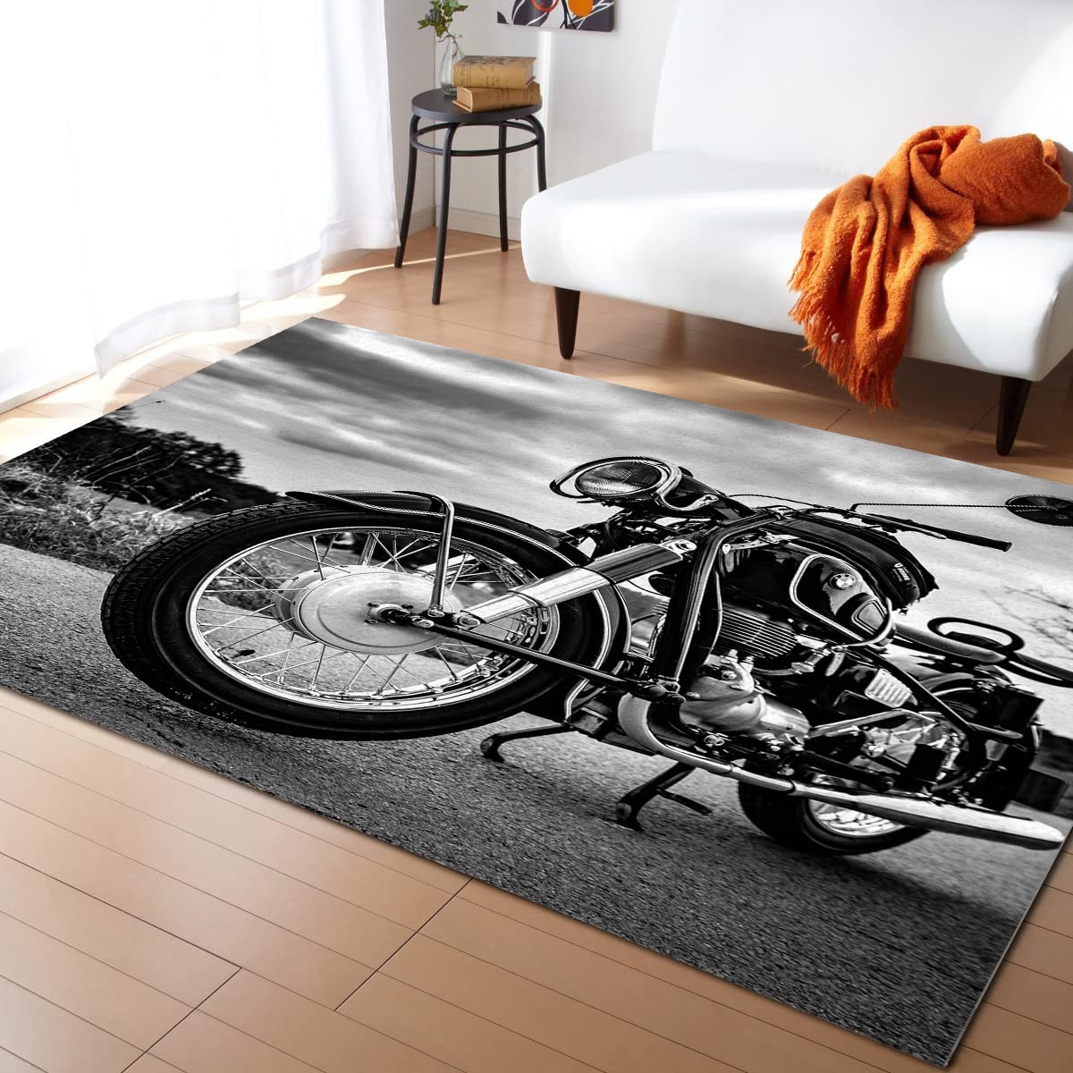 **Non-Slip Black and White Rectangle Indoor Area Rug 5'x7' - Perfect for Bedroom, Living Room, Kids Room & Playroom - Motorcycle Road Design for Stylish Home Decor**    *(Use Cases: Adds a modern touch to home interiors, enhances safety with non-slip backing, ideal for high-traffic areas like living rooms and kids' play spaces.)*