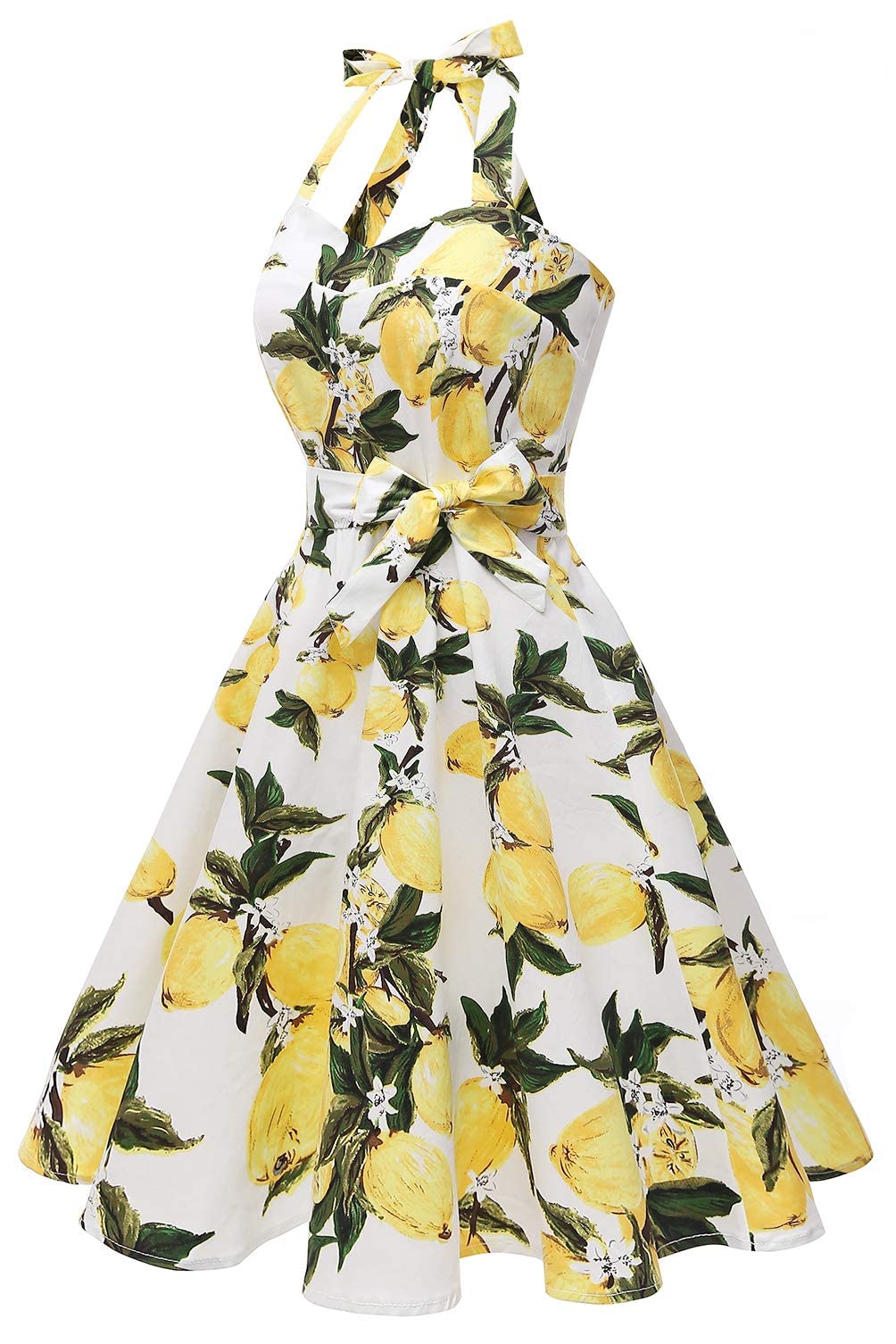 Vintage Polka Dot Audrey Dress for Women - 1950s Retro Halter Cocktail Dress in White & Lemon | Perfect for Cocktail Parties, Weddings, and Vintage-Themed Events