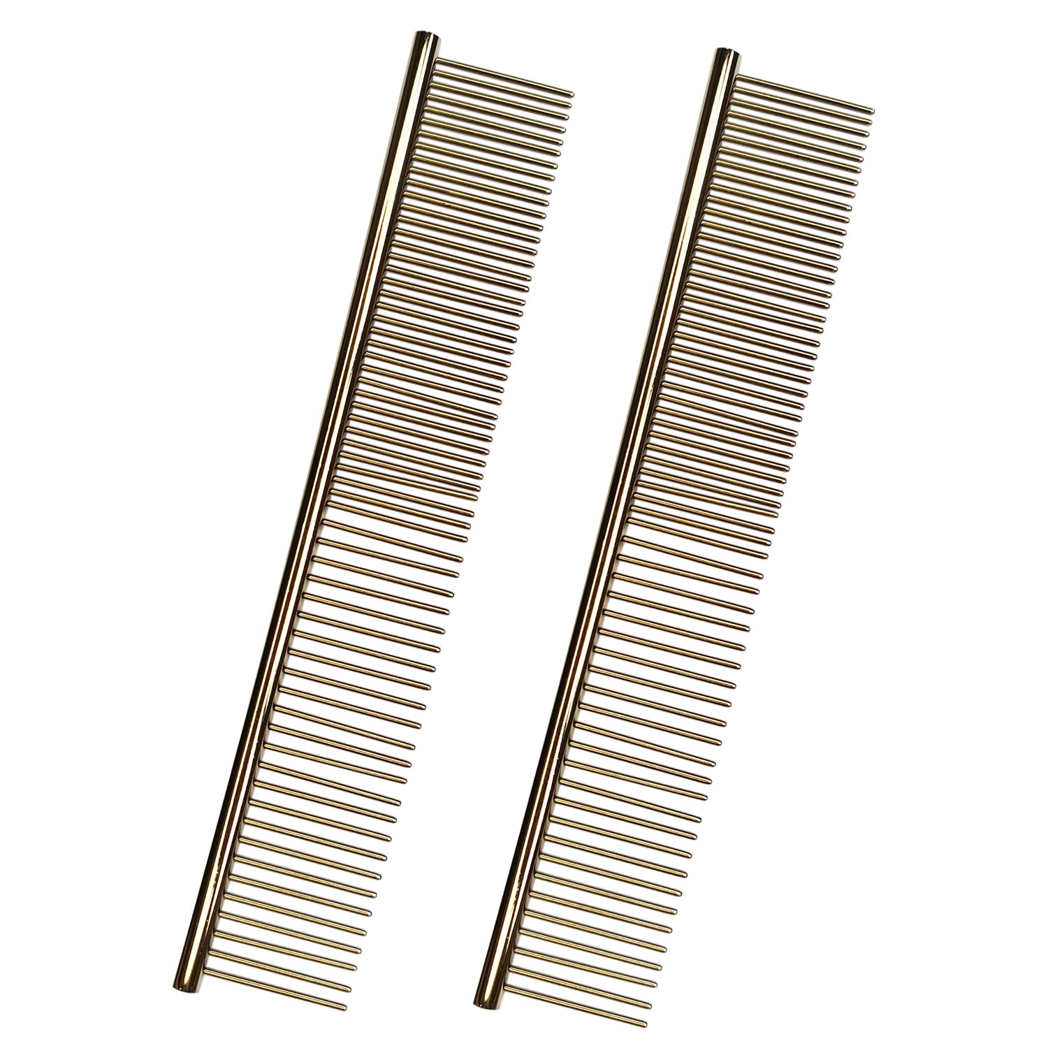 Premium Stainless Steel Dog & Cat Comb - 2 Pack Rustproof Deshedding Brush with Rounded Teeth, Static-Free Pet Grooming Comb for Shedding Control (7.4 Inch, Gold) - Perfect for Daily Brushing & Detangling Fur