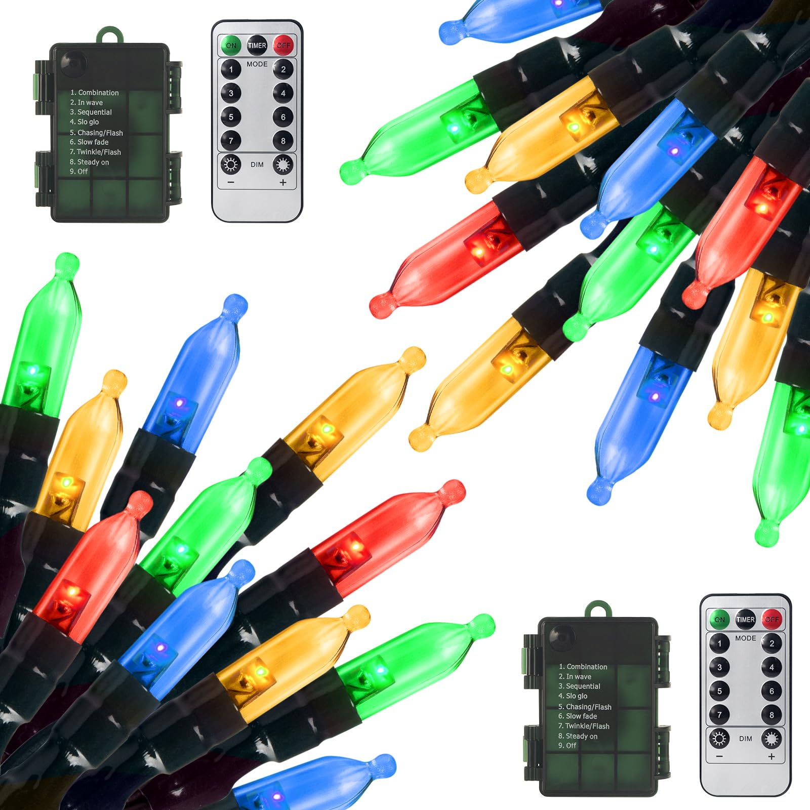 2 Pack 17.7FT 50 Multicolor Mini LED Christmas Lights Outdoor - Battery Operated String Lights with Remote Control, 8 Lighting Modes & Timer - Perfect for Holiday Decoration, Christmas Tree, Party, Garden, and Home Decor