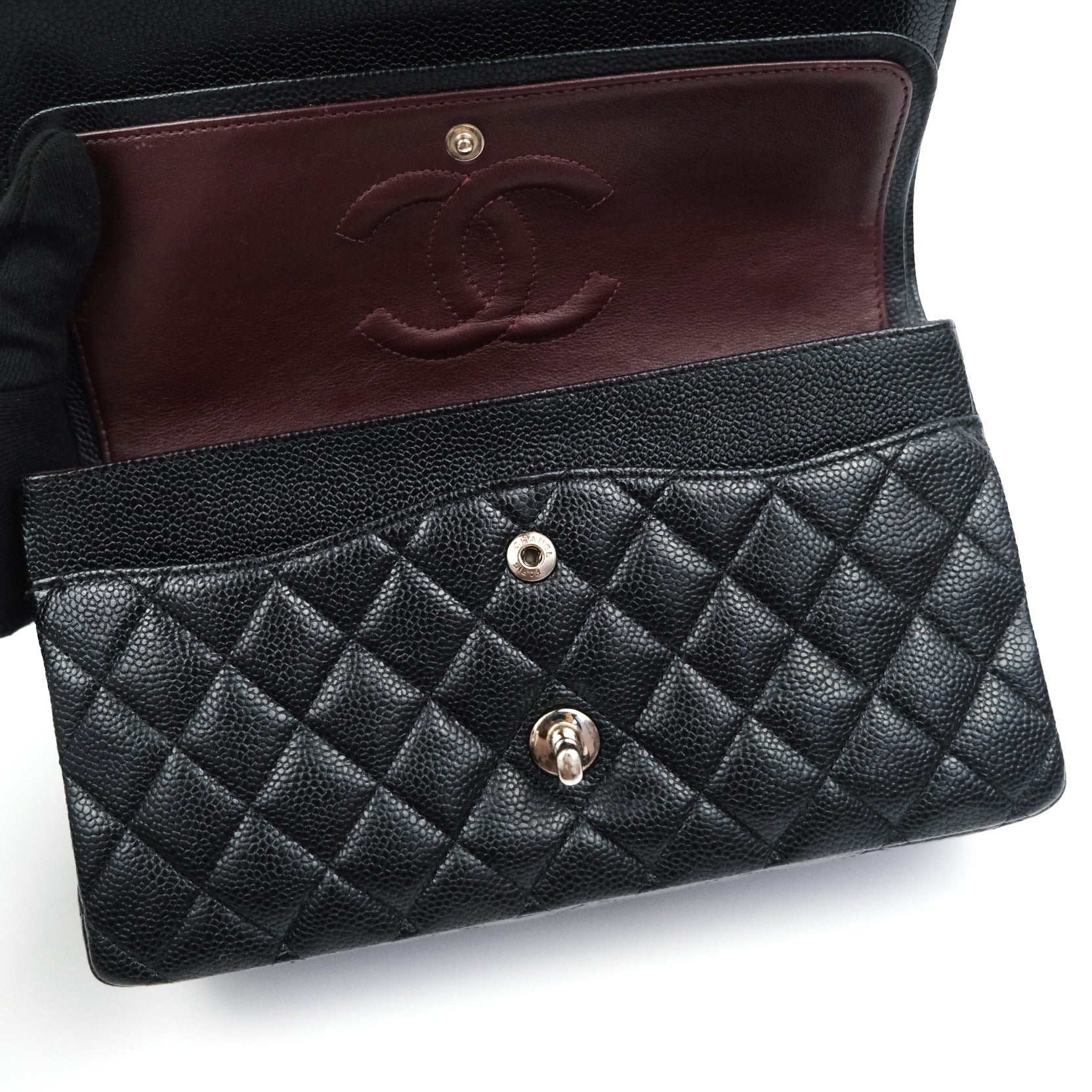 Chanel Classic Double Flap Bag M/L Size in Black Caviar Leather with Silver Hardware - Luxury Handbag for Women, Perfect for Work, Evening Events & Special Occasions
