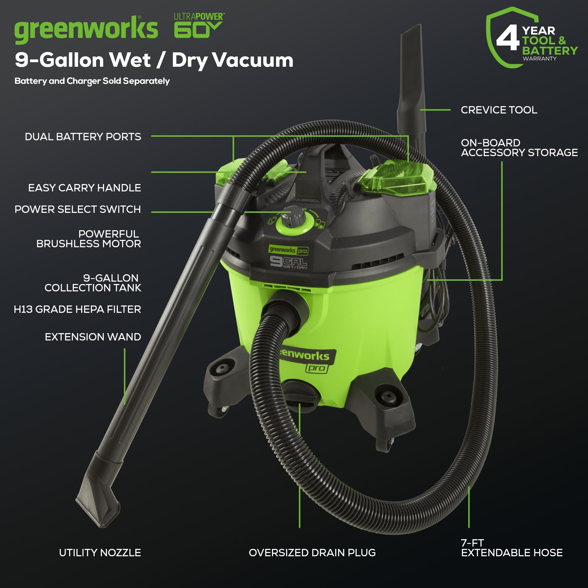 60V 9 Gallon AC/DC Wet Dry Vacuum Cleaner - Powerful Cordless Shop Vac for Home, Garage, and Jobsite Cleaning - Ideal for Dust, Debris, and Liquid Pickup