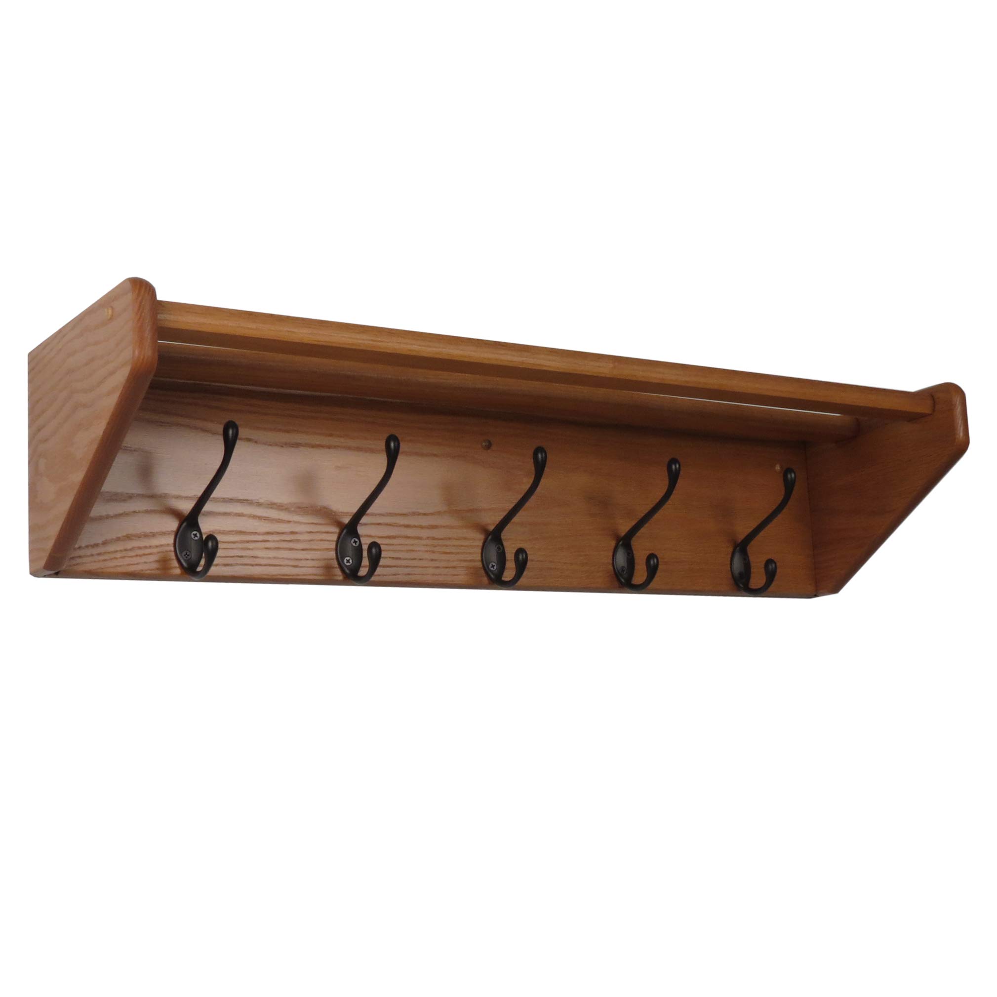 5-Shelf Wooden Coat Rack with Black Hooks - Medium Oak Finish for Entryway, Hallway & Bedroom Organization