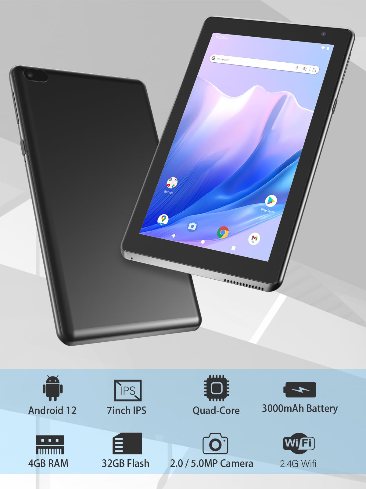 ATOZEE 7 Inch Android 12 Tablet - Quad-Core 1.5GHz Processor, 4GB RAM, 32GB Storage (Expandable to 1024GB), 1024x600 IPS HD Display, Dual Camera, WiFi-6 & Bluetooth - Perfect for Work, Study, and Entertainment