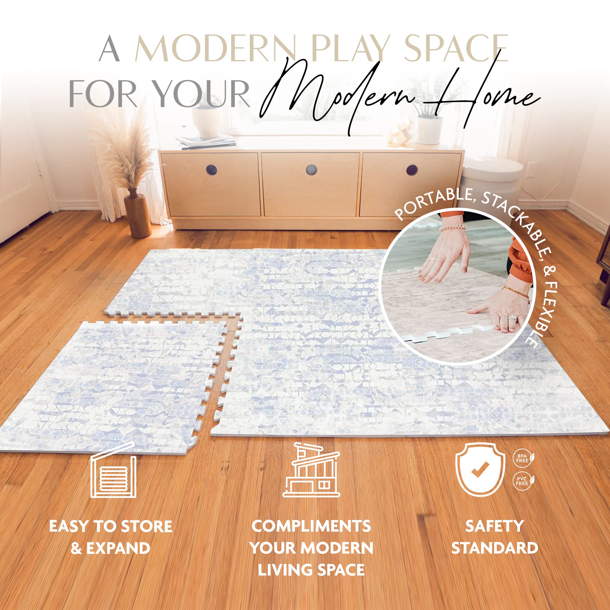 Non-Toxic Baby Play Mat - EVA Foam Tummy Time Floor Mat | Soft, Lightweight & Stackable | PVC-Free, Large 6x8 ft Moonstone Grey | Perfect for Nursery, Playroom & Daycare Use
