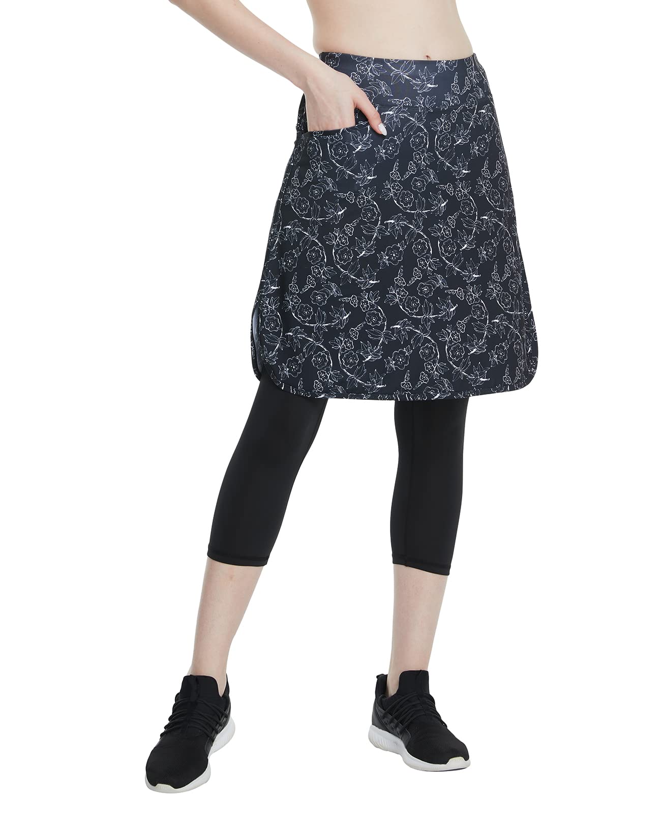 Cityoung Women's Capri Leggings with Attached Skirt - Athletic Modest Skirted Leggings for Yoga, Running & Casual Wear