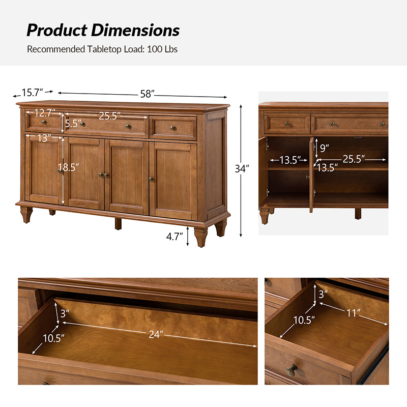 Raphael 58-Inch Wide 3-Drawer Sideboard Buffet Cabinet - Perfect for Dining Room Storage & Living Room Organization