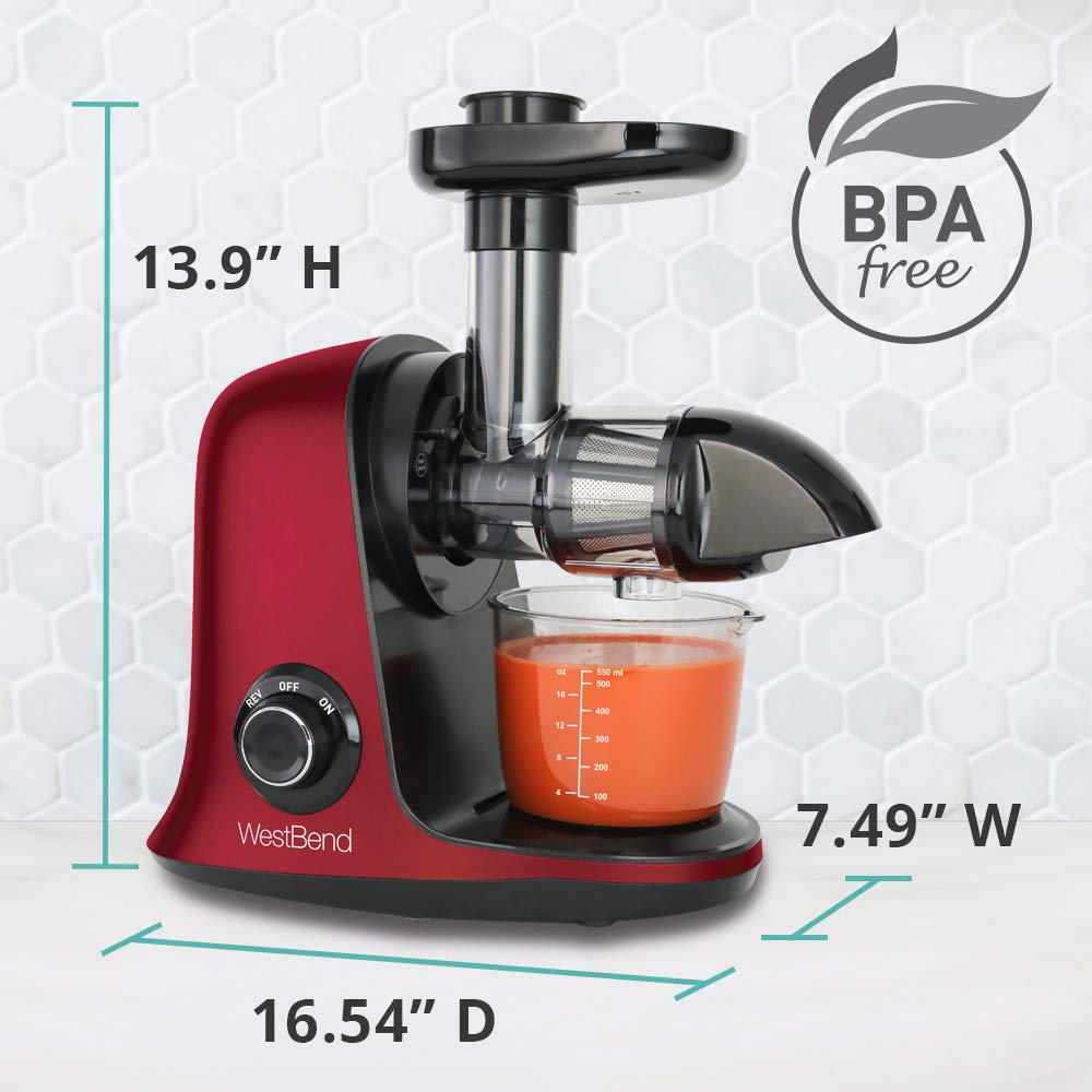 West Bend Cold Press Masticating Juicer Machine - 150W Quiet Motor with Anti-Clog & Reverse Function for Nutrient-Rich Juices - Perfect for Fruits, Vegetables, Leafy Greens - Ideal for Healthy Breakfasts, Detox Drinks & Family Nutrition (Red)