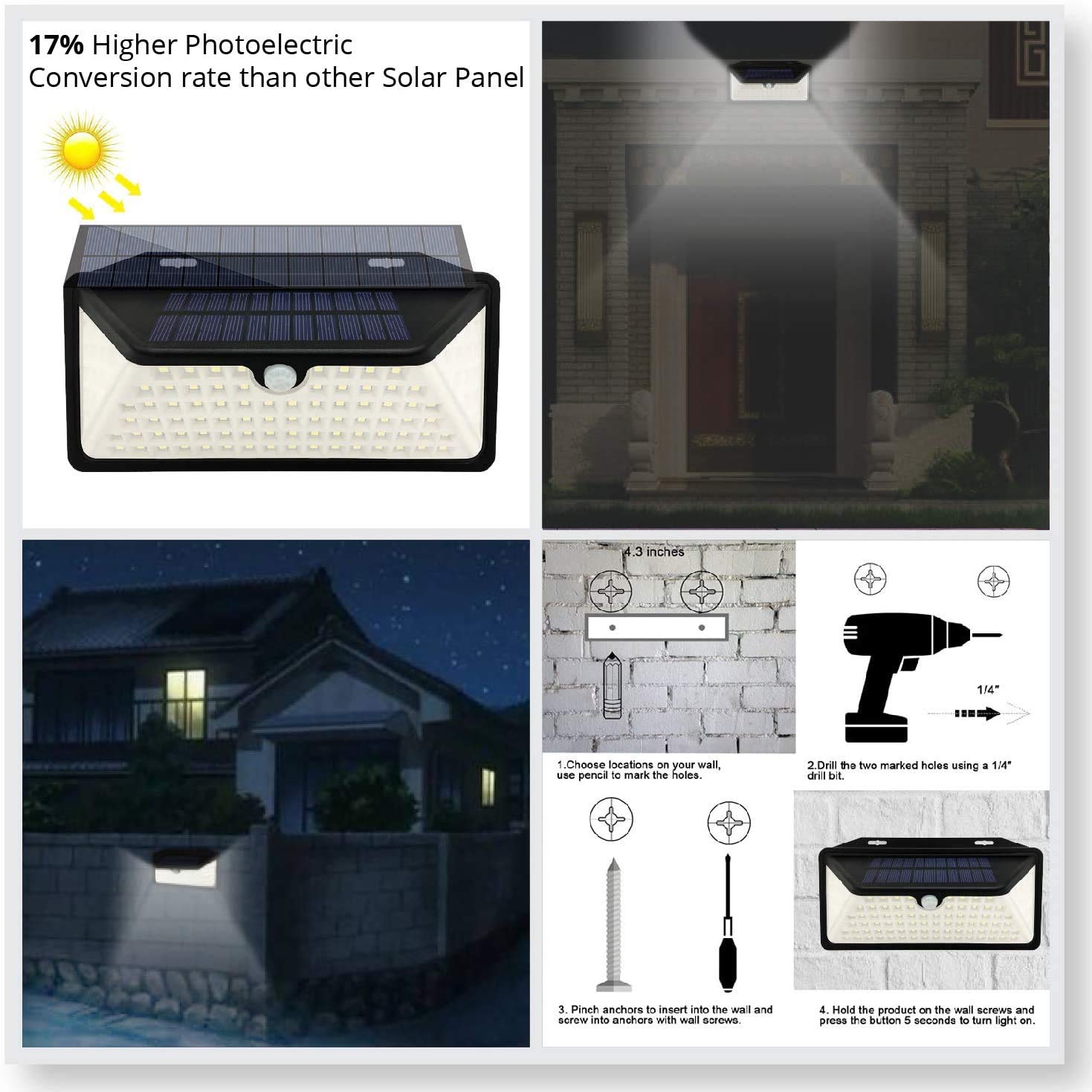 WBM Smart 100 LED Solar Wall Lights Outdoor - Wireless, IP65 Waterproof, 3 Lighting Modes - Easy Install Security Lights for Front Door, Yard, Garage, Deck (12 Pack) - Perfect for Home, Garden & Pathway Illumination