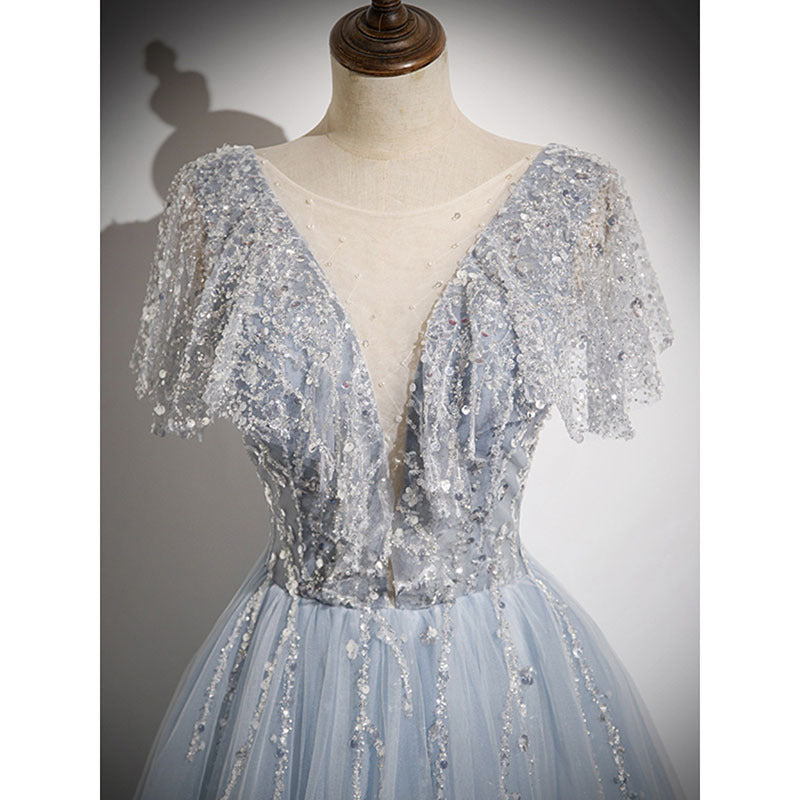 Elegant Deep V Neck A-Line Prom Dress in Gray Blue with Sequins - Perfect for Evening Parties, Homecoming, and Formal Events