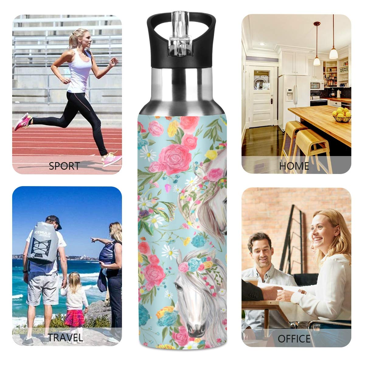 Premium Stainless Steel Vacuum Insulated Water Bottle with Wide Handle - 18oz/500ml Leakproof Standard Mouth Thermos for Hiking, Gym & Office - Flower Horse Design