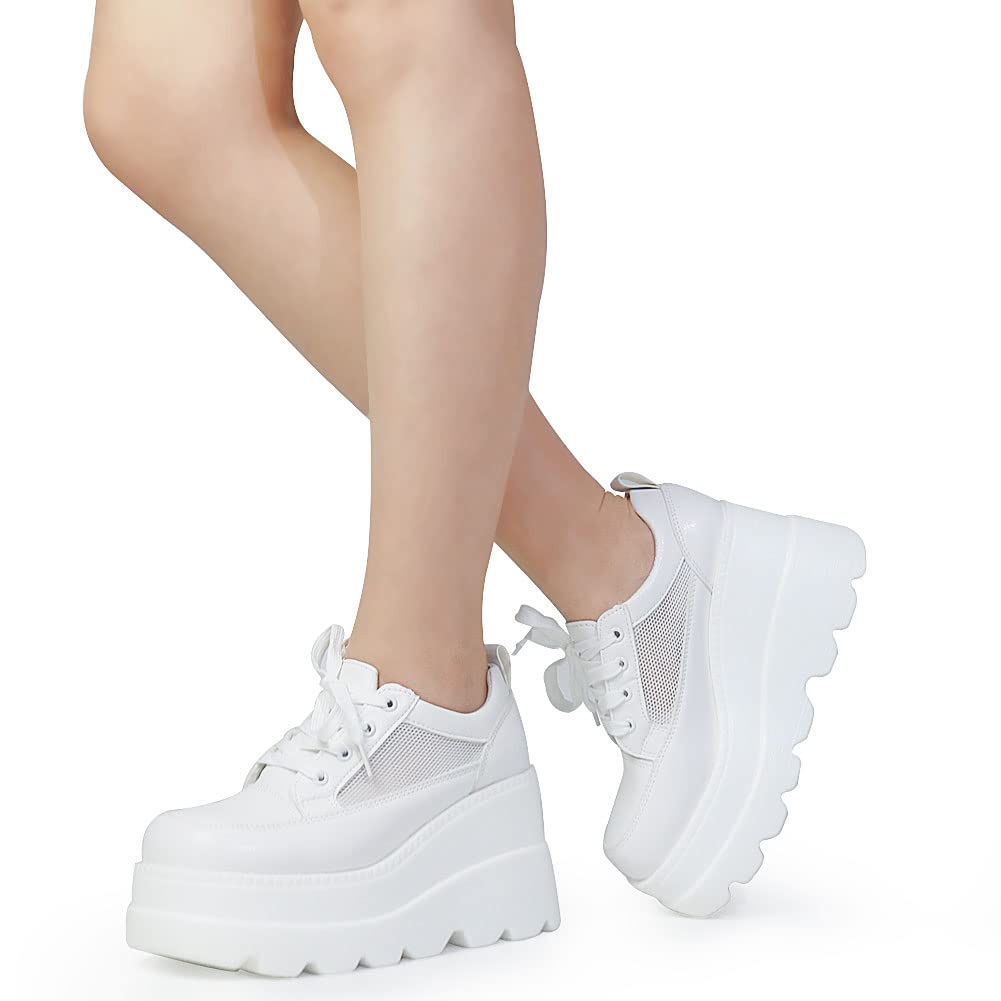 Tscoyuki Women's Platform Sneakers with Hidden Wedge Heel - Comfortable Walking Shoes for Outdoor Activities, Lace Up Design for Secure Fit - Perfect for Work, Travel & Daily Wear