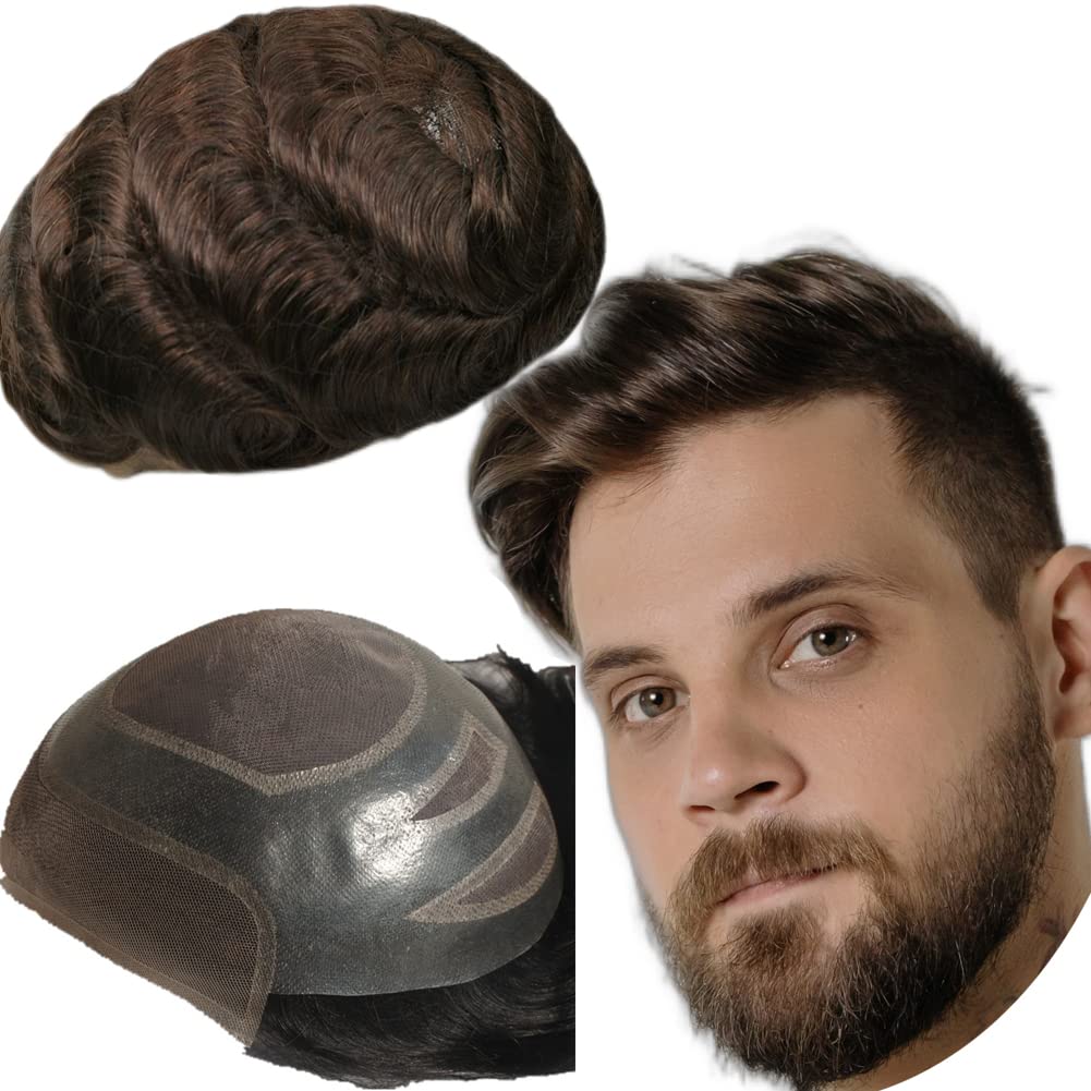 Yanahair Men's Toupee - 100% European Real Human Hair Wavy Replacement System with Fine French Lace Front & PU Top | Dark Brown #2 (8x10 Inch) | Perfect for Daily Wear, Special Occasions & Hair Loss Solutions