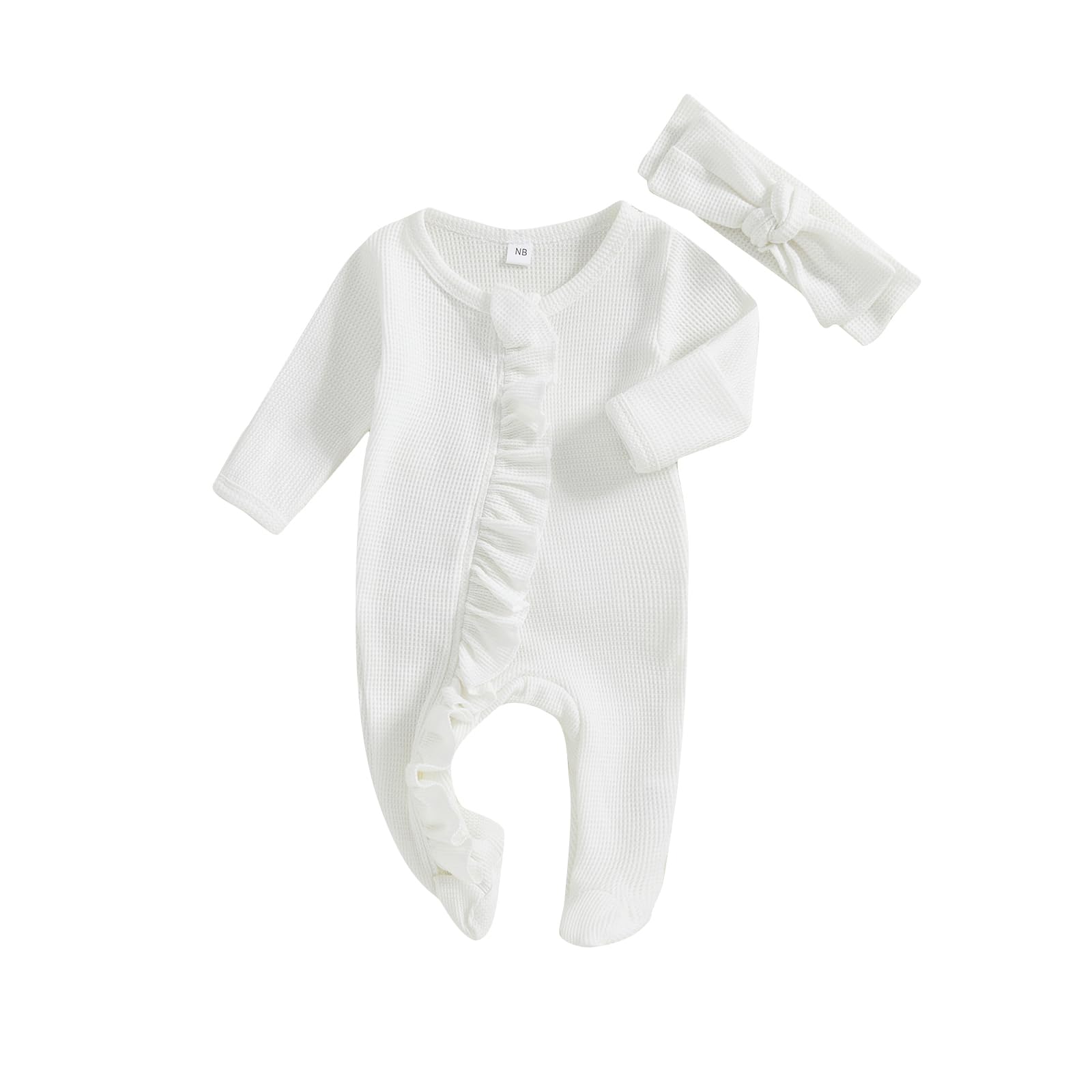 Newborn Baby Romper Infant Girl One-Piece Outfit - Soft Waffle Knit Ruffle Zip Footie Pajamas with Bow Headband - Perfect for Spring Summer Outfits, Photo Shoots & Playtime
