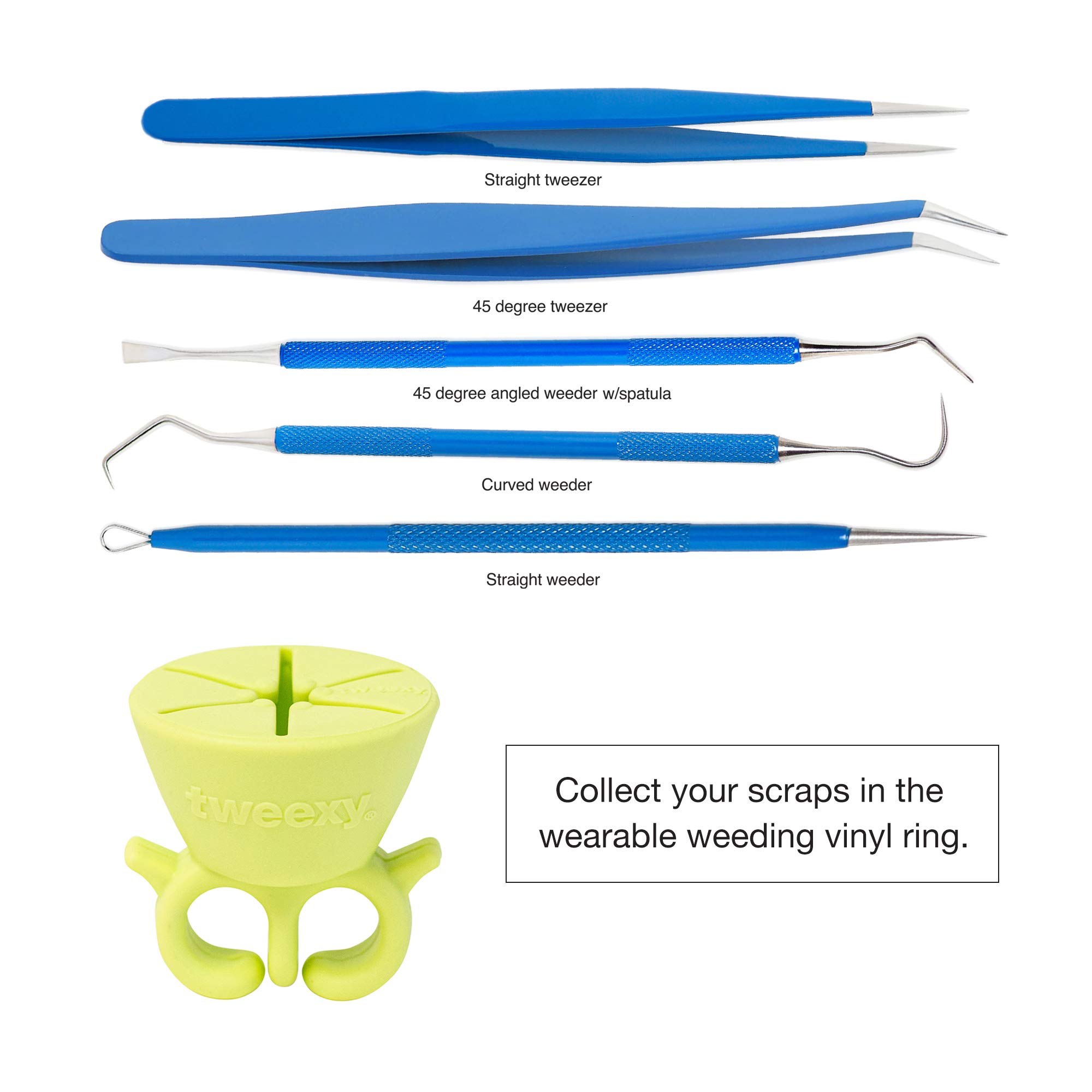 Tweexy Craft Vinyl Weeding Tool Kit with Scrap Collector Ring - Includes Case, Weeder Picks, Tweezers & Spatula for HTV Heat Transfer Vinyl & Adhesive Paper - Perfect for DIY Crafting, Scrapbooking & Vinyl Projects (Green Glow)