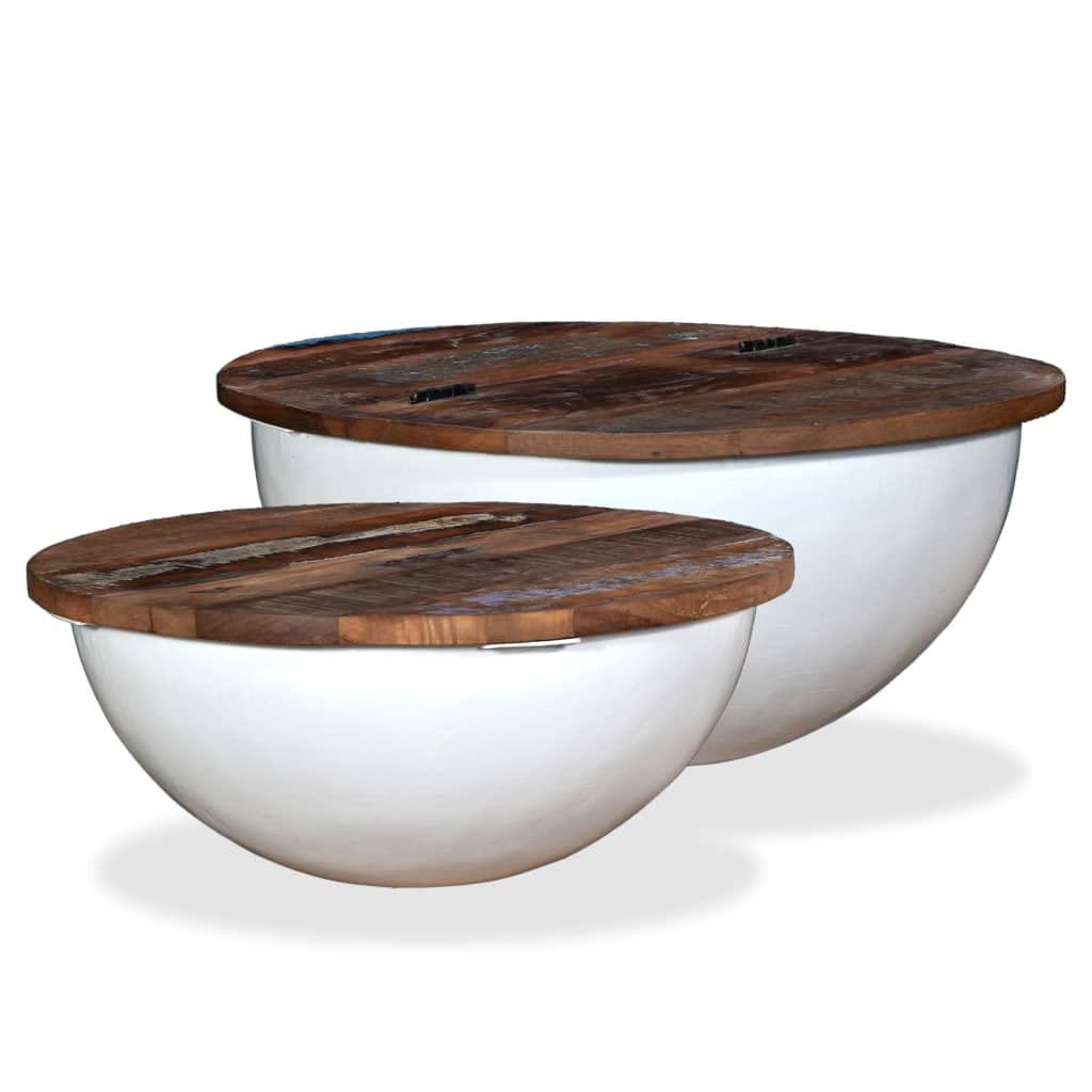 Vintage Round Wooden Coffee Table Set of 2 with Storage & Metal Base - Retro Living Room Center Table, Cocktail Table, Sofa End Table - Perfect for Small Spaces, Modern Farmhouse & Apartment Decor (White)