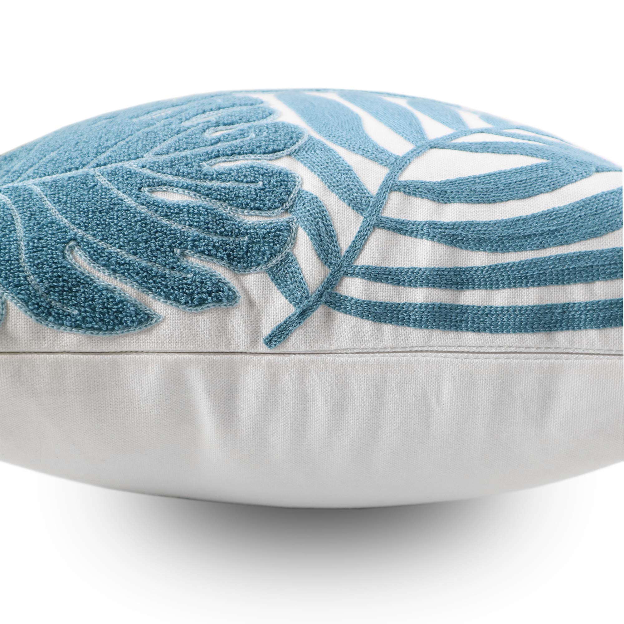 18x18 Light Blue Tropical Leaf Embroidery Throw Pillow Cover - 100% Cotton Cushion Cover for Sofa, Couch & Floor - Monstera Leaf Design Home Décor - Perfect for Living Room, Bedroom & Boho Style Decor (1 Piece)