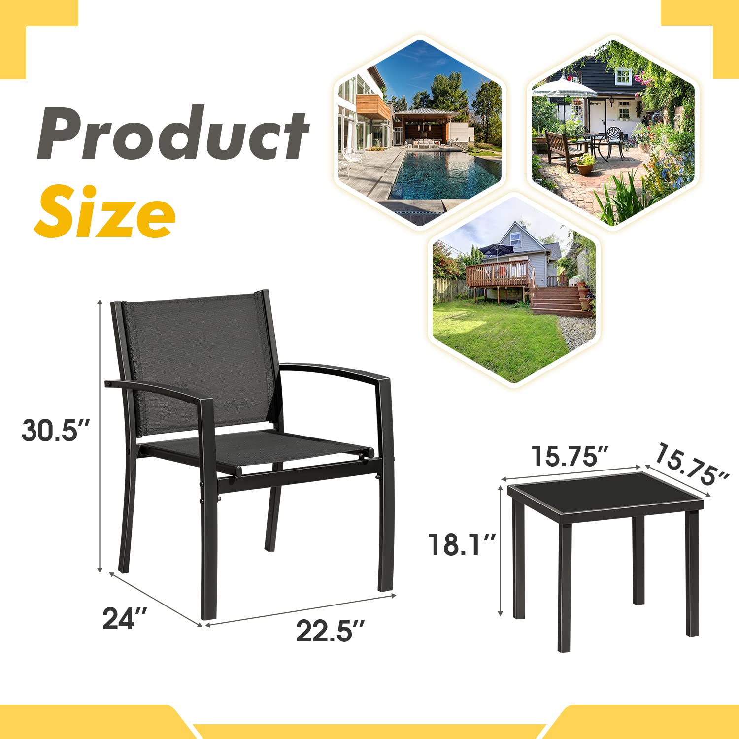 Greesum 3-Piece Outdoor Patio Furniture Set - Textilene Fabric Bistro Chairs with Glass Coffee Table for Lawn, Garden, Balcony, Poolside - Perfect for Relaxing, Entertaining & Outdoor Dining (Black)