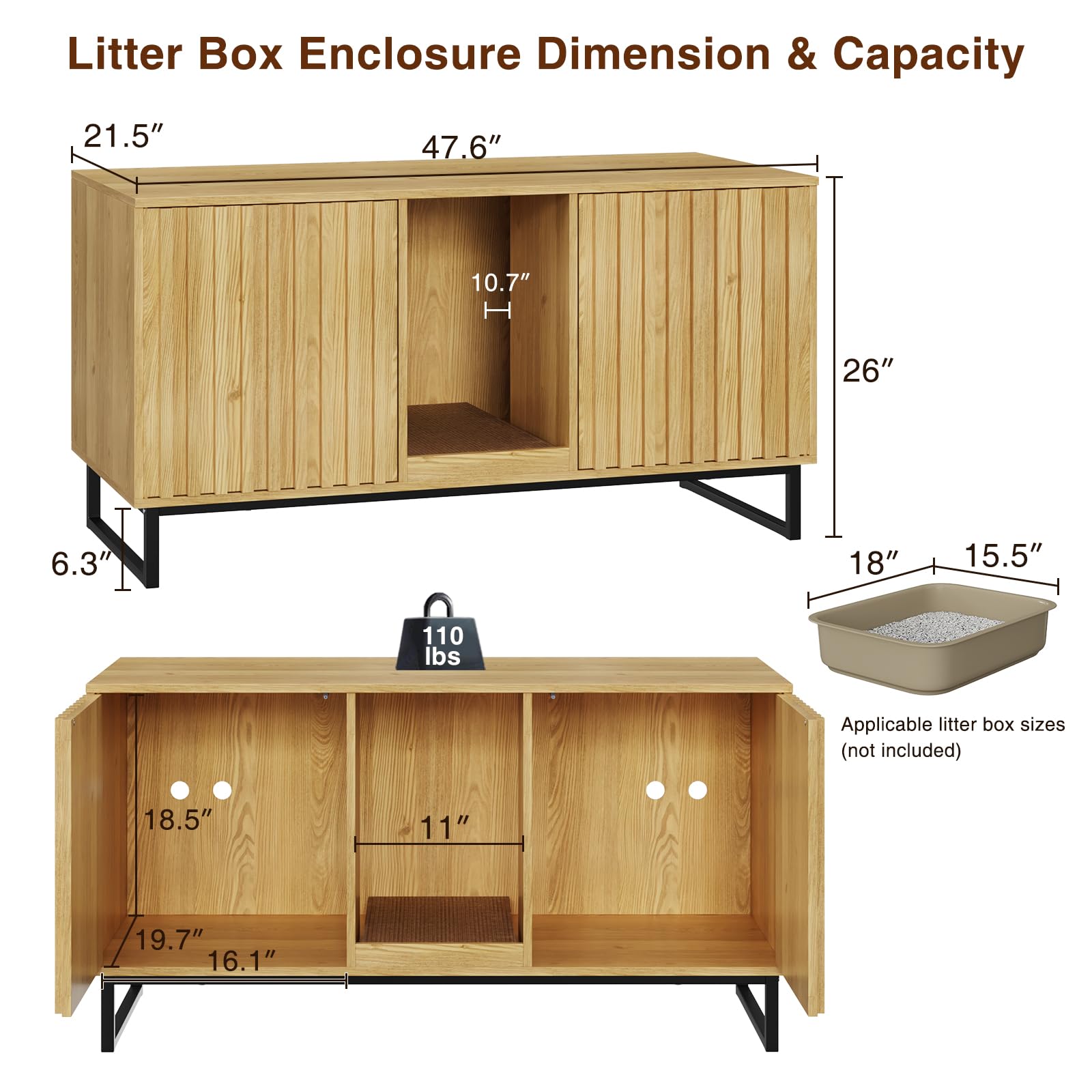 47.6’’ Large Cat Litter Box Enclosure Furniture for 2 Cats - Hidden Double Room Cat Cabinet with Scratch Pad | Indoor Cat House, TV Stand & Side Table | Perfect for Small Spaces & Multi-Cat Homes