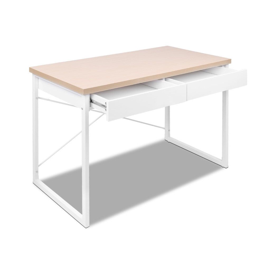 White Metal Desk with Wooden Top and Drawer - Modern Home Office Furniture for Small Spaces, Study & Workstation Setup