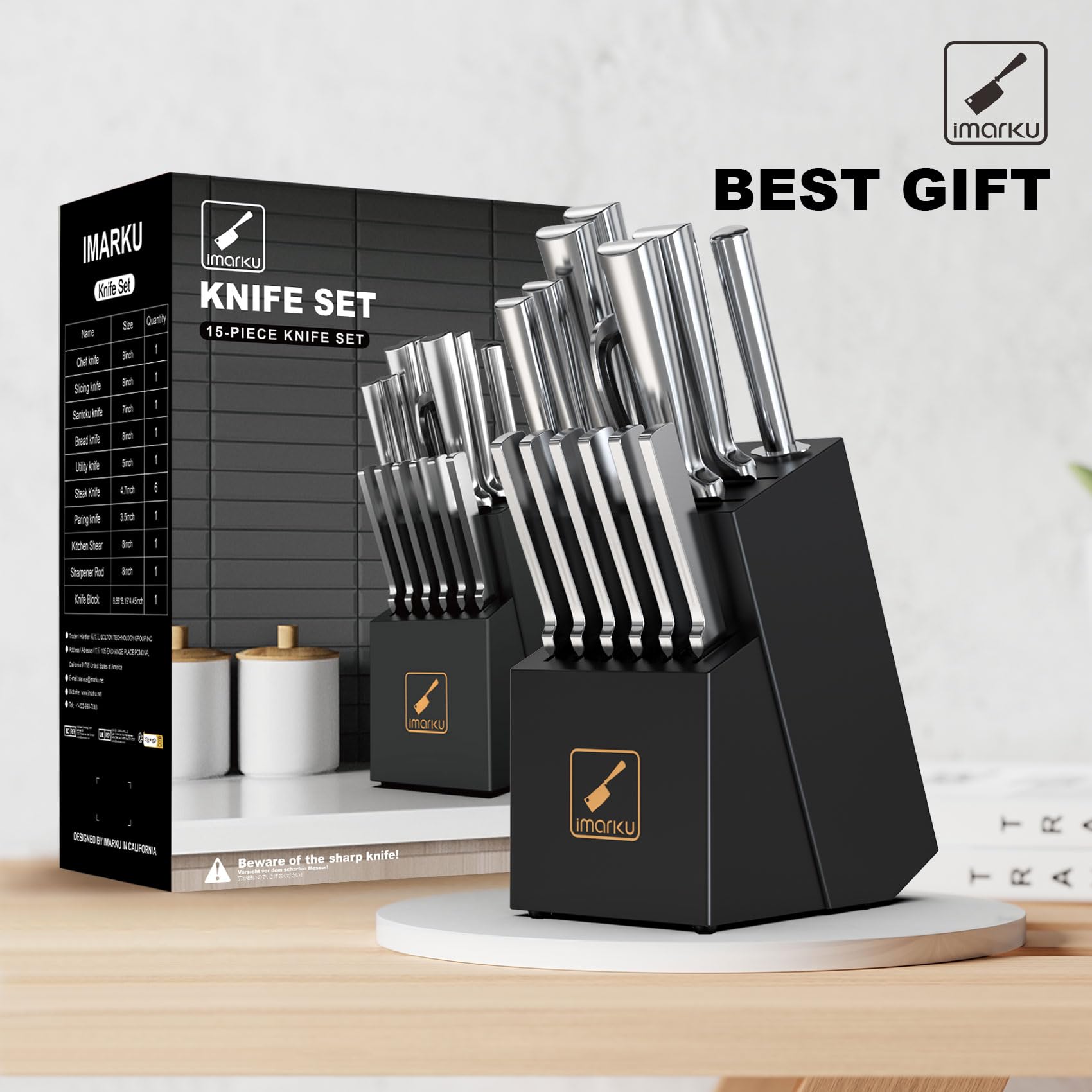 IMARKU 15-Piece Japanese High Carbon Stainless Steel Knife Set - Ultra Sharp Professional Chef Knives with Block for Kitchen | Dishwasher Safe & Well Balanced | Perfect for Home Cooking, Restaurant Use & Culinary Gifts