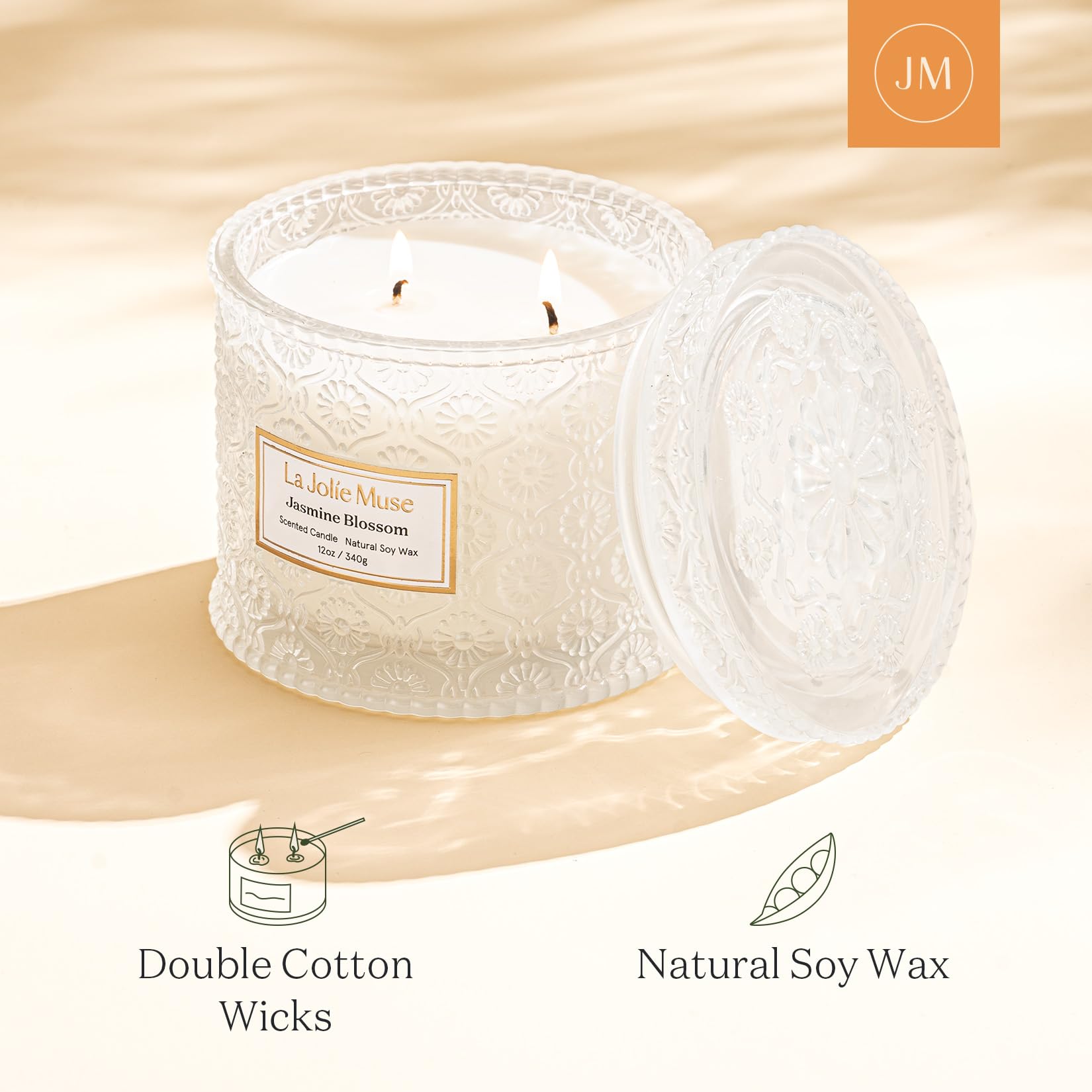 LA JOLIE MUSE Jasmine Scented Candle - 12oz Luxury 2-Wick Soy Candle for Home, 60 Hours Long Burning, White Decorative Candle - Perfect for Mother's Day Gifts, Relaxation & Aromatherapy