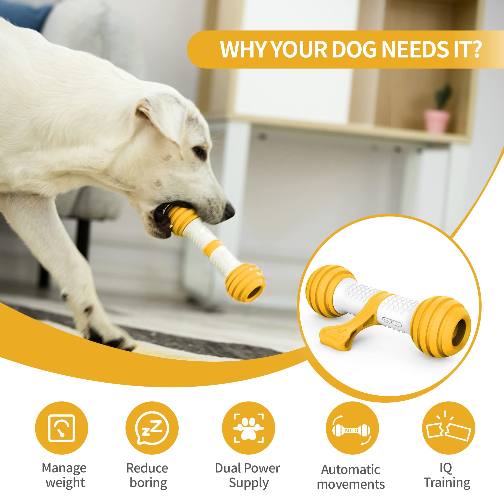 PETGEEK Interactive Dog Toys for Medium & Large Dogs - Motion Activated Electronic Dog Bone, USB Rechargeable Automatic Pet Toy to Relieve Boredom & Stimulate Play (Yellow) - Perfect for Indoor Play, Training & Keeping Dogs Entertained