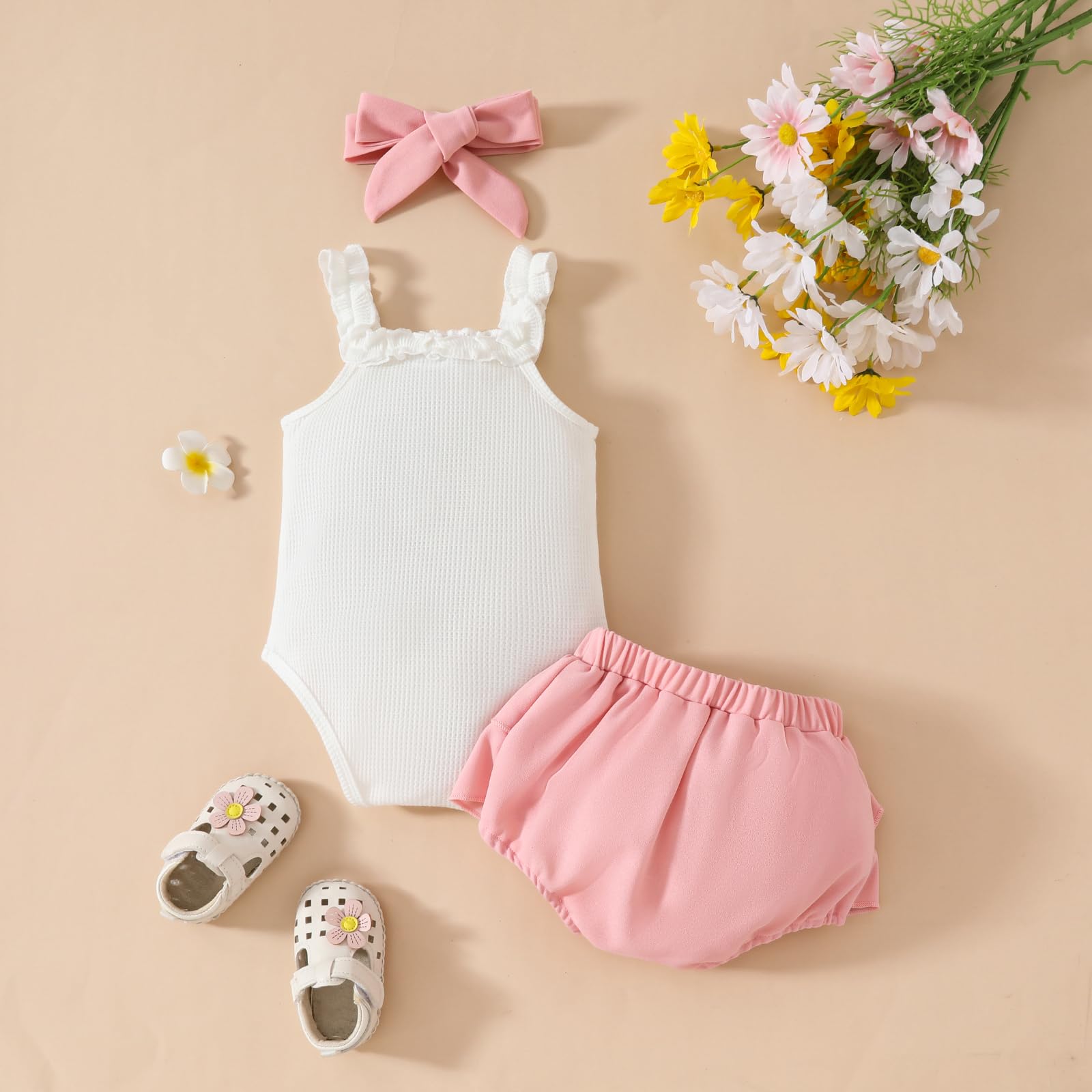 Kuriozud Newborn Baby Girl 2-Piece Summer Outfit Set - Tank Romper Top & Ruffle Bloomer Shorts | Cute Infant Clothes for Playdates & Photo Shoots