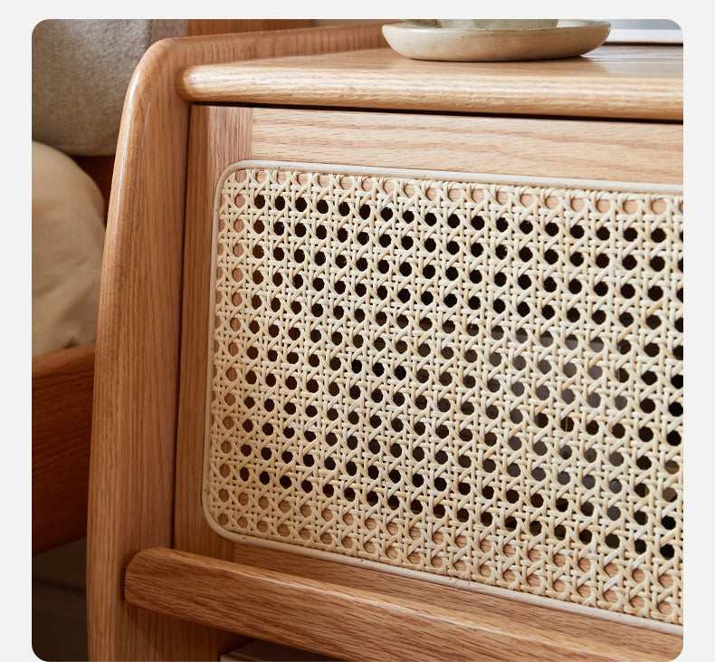 Solid Oak Wood Nightstand with Rattan Accents - Stylish Bedside Table for Bedroom Decor, Living Room, or Guest Room