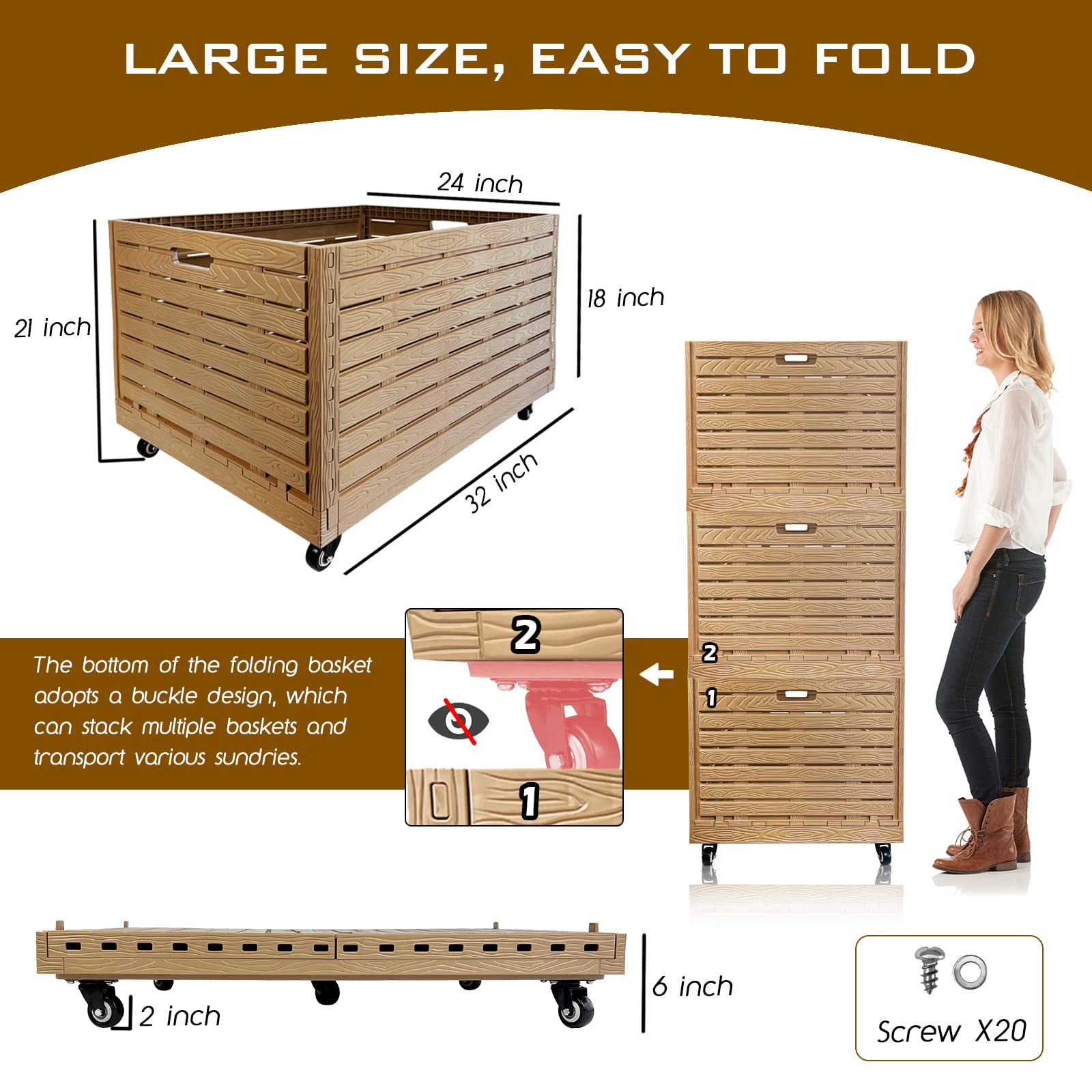 Heavy Duty Collapsible Rolling Crate with Wheels - 440lbs Capacity Foldable Storage Bin, Plastic Moving Dolly Cart for Travel, Shopping, Luggage & Office Use - Removable 360° Swivel Wheels - Perfect for Home Organization, Warehouse Storage & Furniture Moving