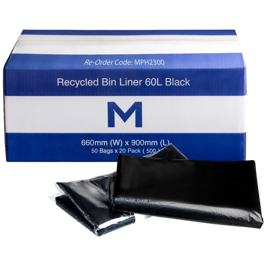 Eco-Friendly Recycled Trash Bags 60L (26 Gallon) - 500 Count, Black, 660mm x 900mm x 20mu - Heavy Duty Garbage Bags for Kitchen, Office & Outdoor Waste Disposal