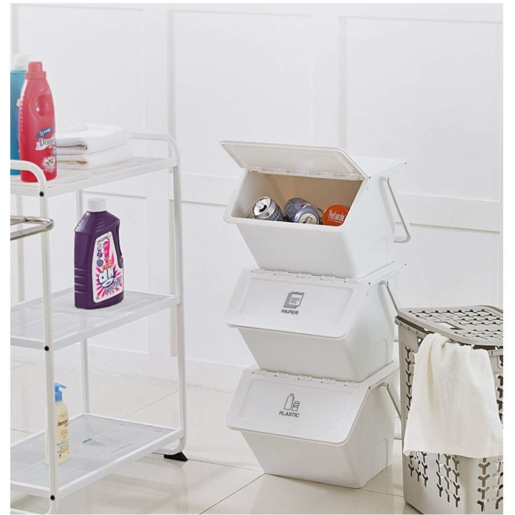 Stackable Recycling Bins with Lids & Handles - 3-Pack White Organizer Bins for Home, Office, or Classroom - Perfect for Toys, Tools & Waste Sorting - Includes Recycle Stickers for Easy Labeling
