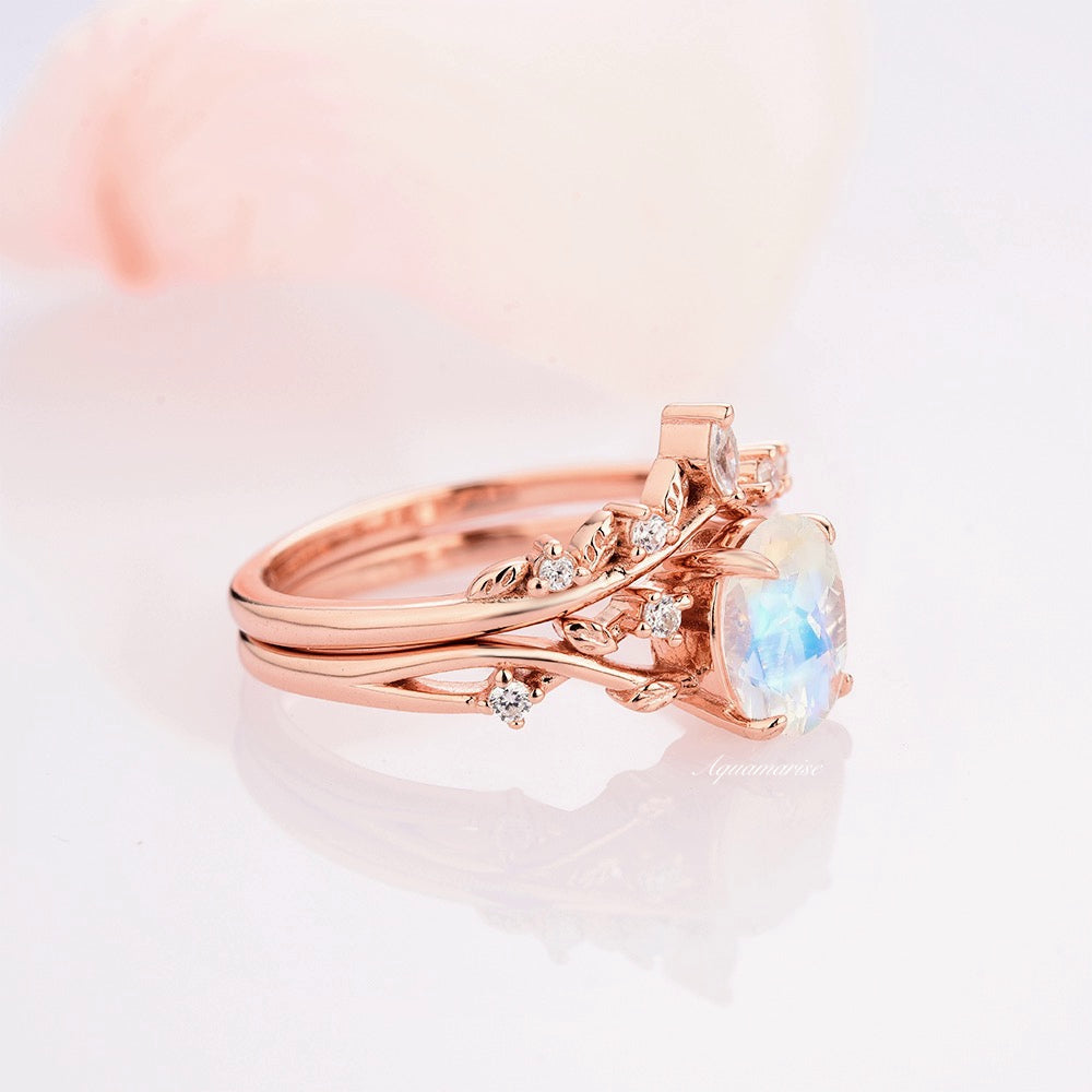 Natural Moonstone Fairy Engagement Ring Set - 14K Rose Gold Vermeil Wedding Band for Women, Perfect for Proposals, Anniversaries & Romantic Occasions