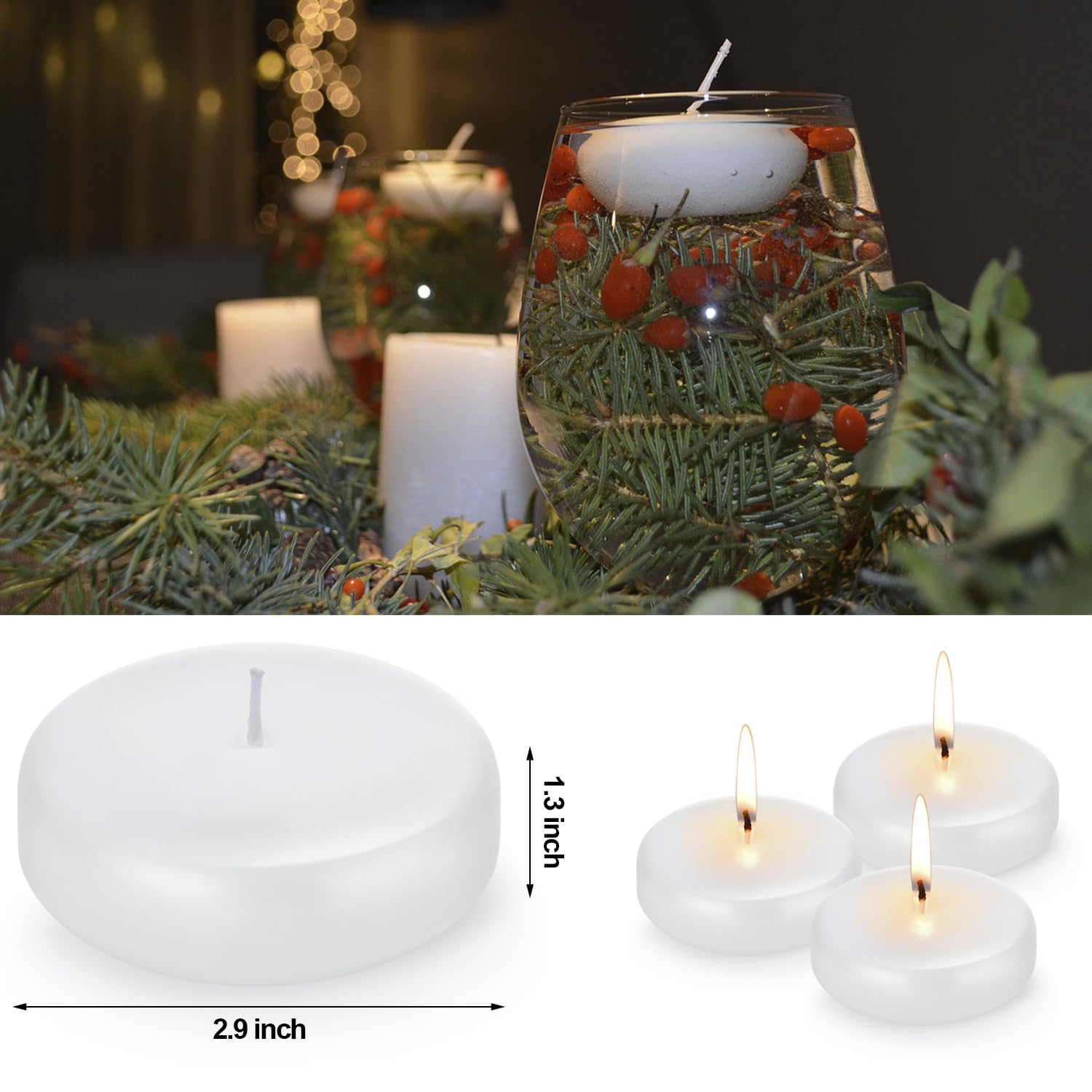 24-Pack 3-Inch Floating Candles - 13+ Hours Continuous Burning, Odorless & Smokeless, White Non-Drip Decorative Candles for Weddings, Pools, Spas, Vases - Perfect for Romantic Dinners, Bath Relaxation & Home Decor