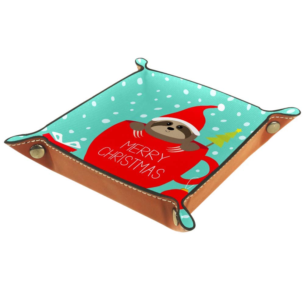Serenasyoung Sloth with Red Christmas Hat Desktop Organizer Tray - Jewelry, Vanity, Bedside, Dresser & Catchall Tray for Coins, Keys & Small Items | Perfect for Home, Office & Holiday Decor