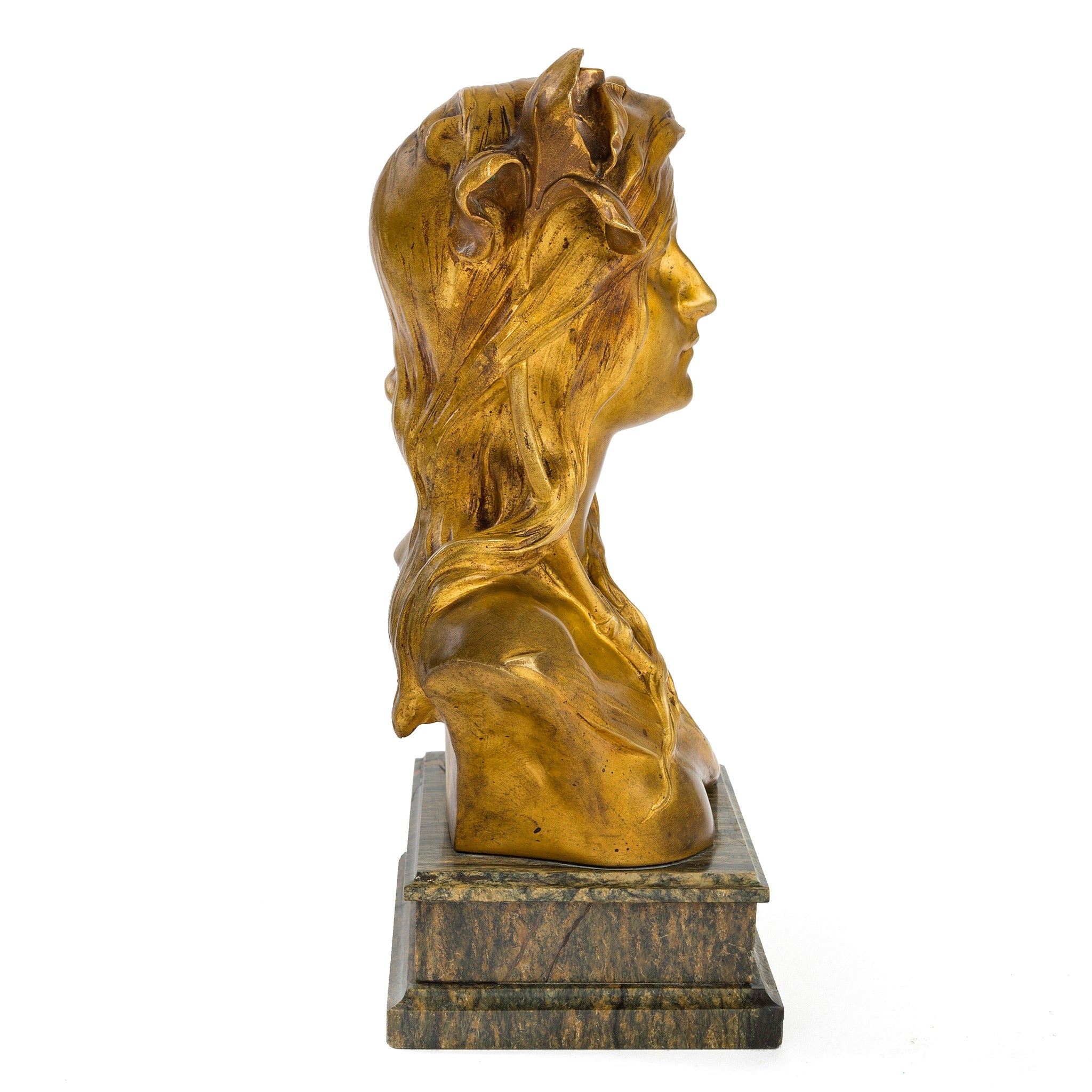 Antique Maurice Bouval Gilt Bronze & Marble Iris Woman Bust Statue - French Art Nouveau Sculpture for Home Decor, Office Display, and Art Collection