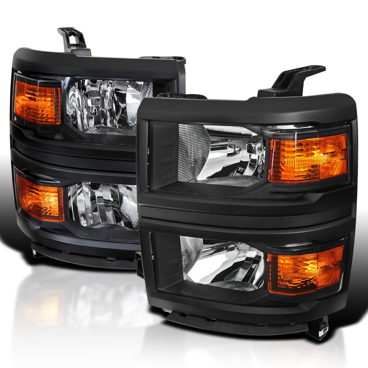 Spec-D Tuning Black Headlights with Black Trim for 2014-2015 Chevy Silverado 1500 - Left & Right Pair Headlight Assembly - Upgrade Your Truck's Style & Night Visibility (Perfect for Off-Roading & Night Driving)